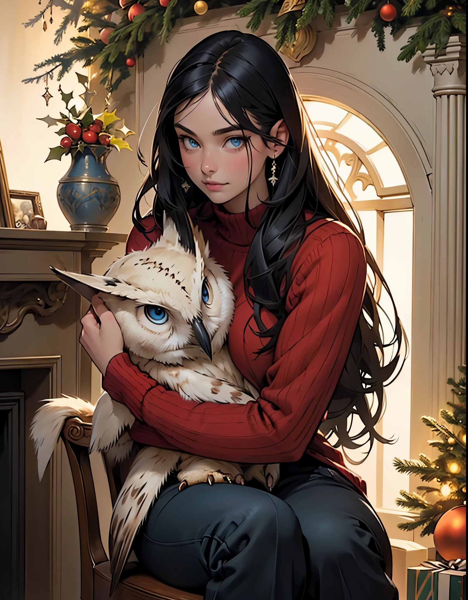 realism, picture, Fantastic tale, Christmas style, John Tolkien style, Small painting by Jean-Baptiste Monge,  Rocker owl hugs rocker swallow, soft facial features, sitting in a chair with flowing black hair , Straight hair , near the Christmas tree, soft facial features, Wearing trousers,  Wearing a sweater, With light makeup,  dark pink lips,  lip shape"pearl" ,"curved eyebrows in the shape of Engriberts, Blue eyes,  heavy-lidded eye shape, human hand,   Human hand, very clear without flaws with five fingers,Черные длинные Straight hair ,, In a short red sweater, in black trousers,mischievous character, a fireplace, Christmas tree, present, Jean-Baptiste Monge, anthropomorphic --ar 2:3 --testp - optimistic;  Straight hair