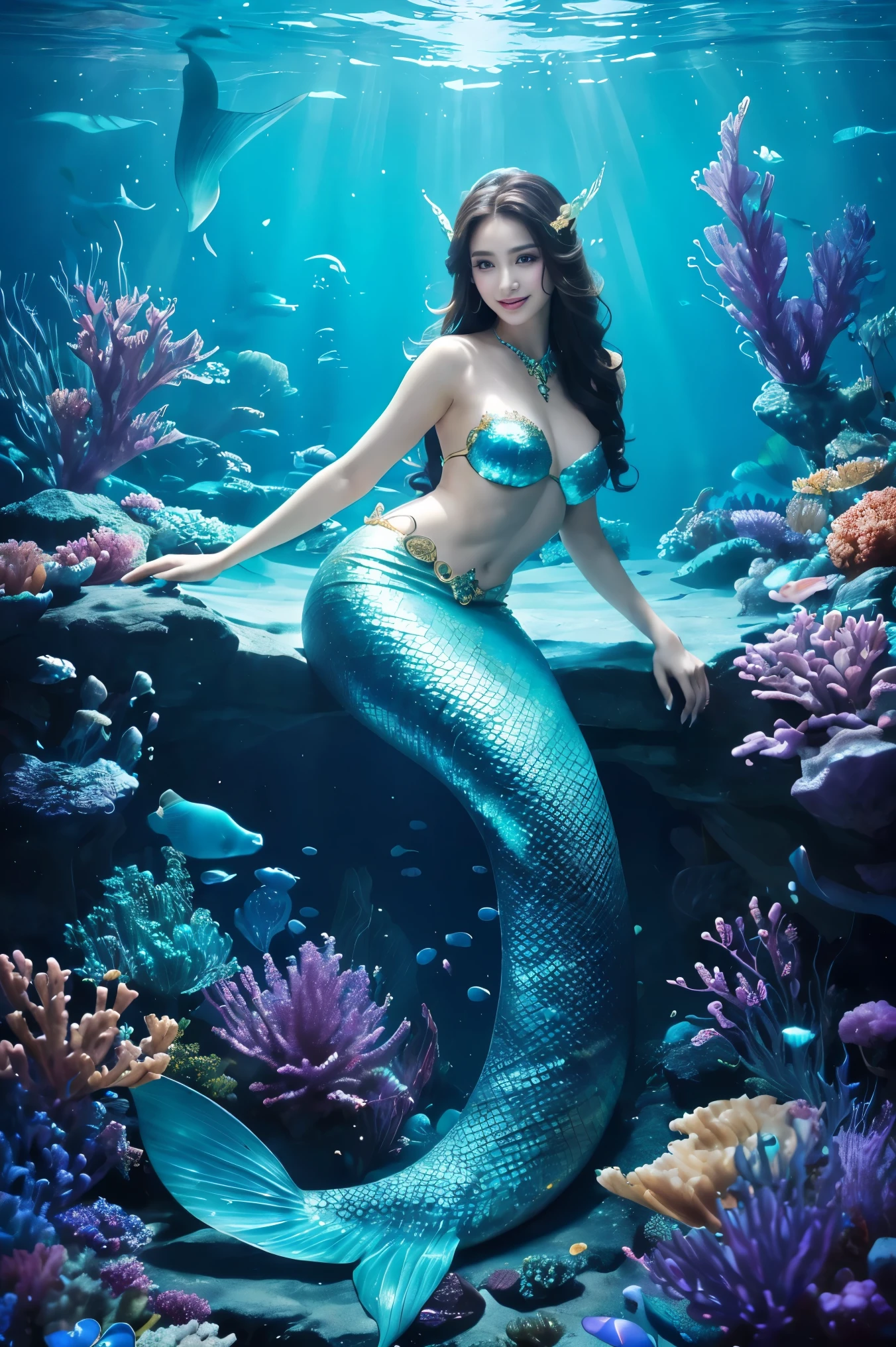 (highest quality、table top、8K、best image quality、hyper realism)、(The mermaid in the most gorgeous and luxurious outfit:1.3)、(The most luxurious and finest transparent sleeve:1.1)、(A mermaid goddess swimming on beautiful and luxurious deep sea rocks...:1.2)、(Extremely complex and detailed ocean depictions:1.1)、(There are many beautiful small tropical fish and corals in the sea.:1.1)、(The most luxurious and shining underwater city:1.1)、(A mysterious and beautiful underwater city:1.1)、(Detailed depiction of the beautiful ocean:1.1)、(Unimaginably beautiful and mysterious underwater depictions:1.1)、(Highly detailed glowing blue and purple gradient scale:1.3)、(Mermaid goddess swimming on beautiful rocks in the deep sea, upper body photo:1.1)、(Accurate mermaid tail and beautiful fins)、Beautiful sea that shines intricately、Clear and detailed background,、(accurate anatomy:1.2)、(The most luxurious and finest jewellery decorations on the whole body:1.1)、golden decoration、the most gorgeous goddess sleeves、the most luxurious decoration、large amount of intricate gemstones、beautiful brown hair、Highly detailed glowing blue and purple gradient scale、(最も贅沢でhighest qualityの巨大ティアラ:1.2)、(Fantastic and mysterious:1.2)、(最も贅沢でhighest qualityのジャイアントネックレス:1.2)、A beautifully sparkling blue and purple gradient mermaid tail、perfect makeup、(the best smile when you look at me:1.1)