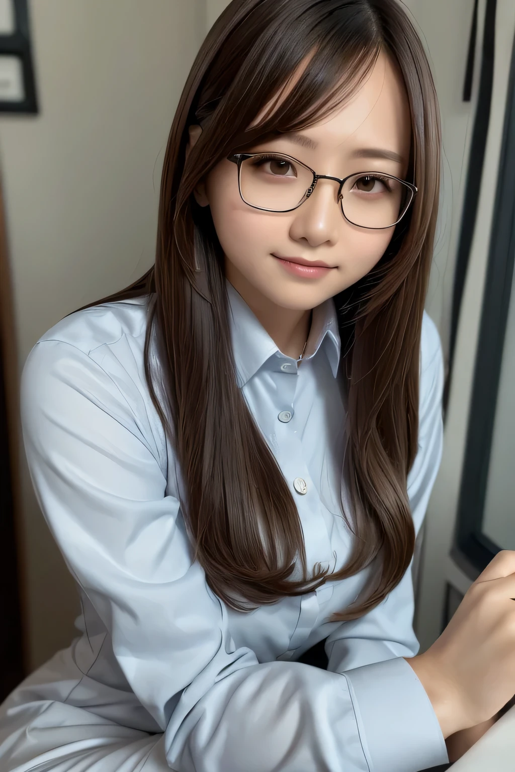 1 girl, beautiful, cute, professional lighting, highest quality,well-groomed face,(dress shirt:1.5),long hair, clear, beautiful,glasses