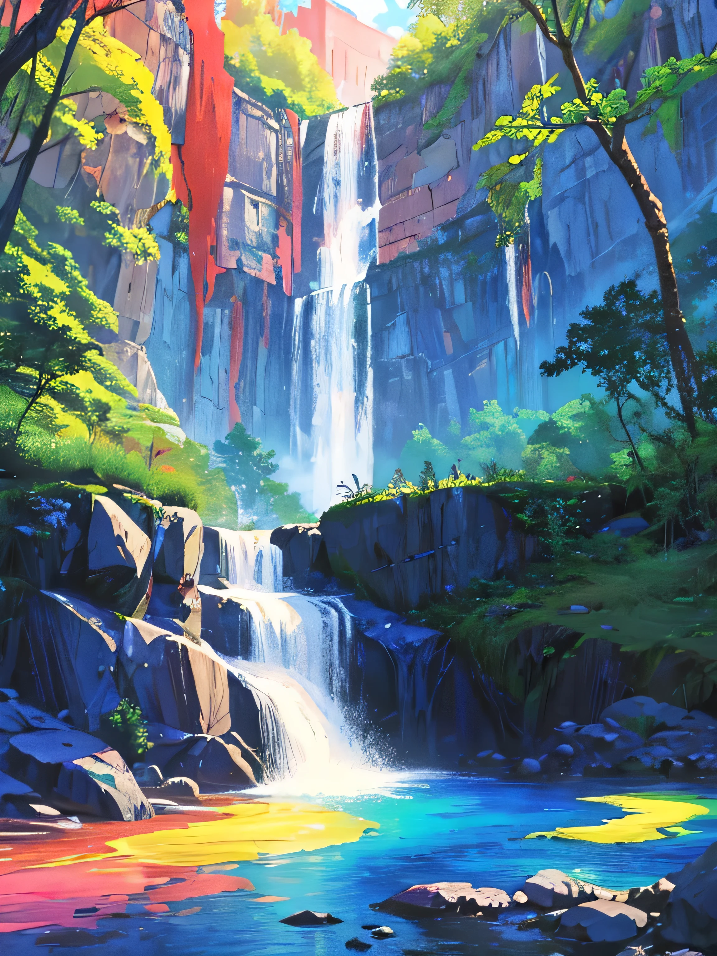 Painting of a waterfall with a rainbow in the middle of it, rainbow river waterfall, with trees and waterfalls, ethereal rainbows, forest and waterfall, just one rainbow 8 k, rainbow, beautiful digital painting, cascading iridescent waterfalls, fantasy painterly style, stunning digital painting, with waterfalls and river, magical forest backround, an endless waterfall, wash technique, colorful, a painting with dripping and scattered paint, Soft Illumination, high quality, master piece
