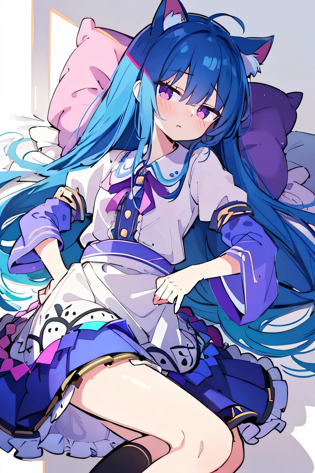 (Masterpiece), best quality, expressive eyes, perfect face, 1girl,
 Put your hands on your waist, fair, gorgeous, Japanese comics, girl, Lola, young angel, blue hair, blue hair, flowing clothes, hug the waist, hug the waist, hands on hips, hands on hips, lay down , lying on the ground, legs on the ground, flat chest, cat ears,purple eyes,