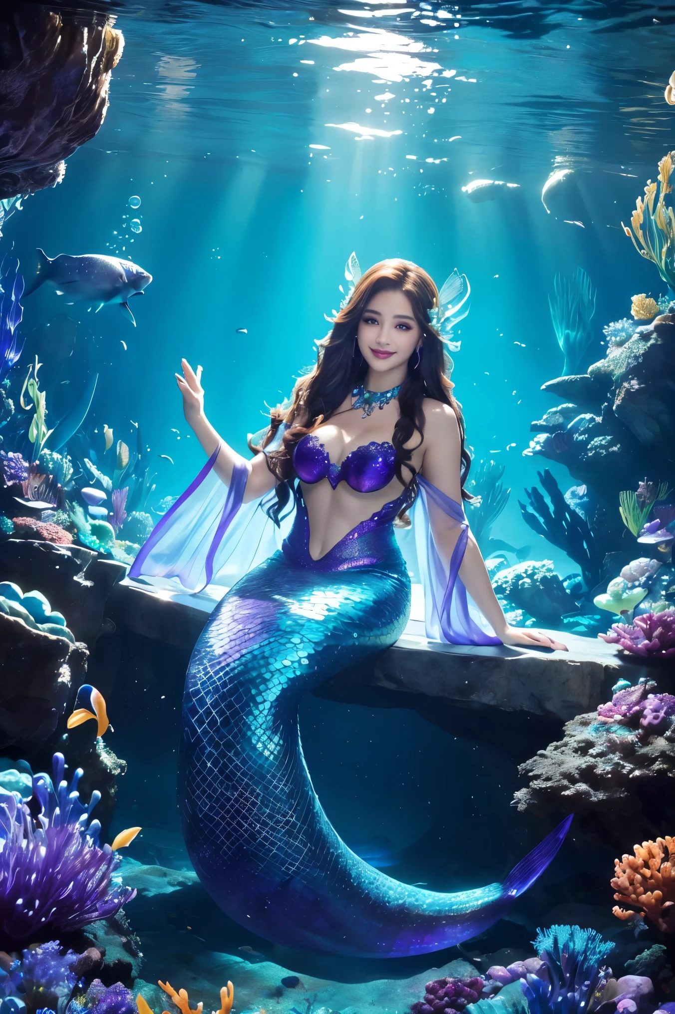 (highest quality、table top、8K、best image quality、hyper realism)、(The mermaid in the most gorgeous and luxurious outfit:1.3)、(The most luxurious and finest transparent sleeve:1.1)、(A mermaid goddess swimming on beautiful and luxurious deep sea rocks...:1.2)、(Extremely complex and detailed ocean depictions:1.1)、(There are many beautiful small tropical fish and corals in the sea....:1.1)、(The most luxurious and shining underwater city:1.3)、(A mysterious and beautiful underwater city:1.3)、(Detailed depiction of the beautiful ocean:1.1)、(Unimaginably beautiful and mysterious underwater depictions:1.1)、(Highly detailed glowing blue and purple gradient scale:1.3)、(Mermaid goddess swimming on beautiful rocks in the deep sea, upper body photo:1.1)、(Accurate mermaid tail and beautiful fins)、Beautiful sea that shines intricately、Clear and detailed background,、(accurate anatomy:1.2)、(perfect hands:1.1)、(The most luxurious and finest jewellery decorations on the whole body:1.1)、golden decoration、the most gorgeous goddess sleeves、the most luxurious decoration、large amount of intricate gemstones、beautiful brown hair、Highly detailed glowing blue and purple gradient scale、(最も贅沢でhighest qualityの巨大ティアラ:1.1)、(that&#39;Very vivid, Fantastic and mysterious:1.2)、(最も贅沢でhighest qualityのジャイアントネックレス)、A beautifully sparkling blue and purple gradient mermaid tail、perfect makeup、(the best smile when you look at me:1.2)