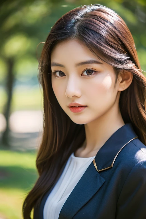 In 8k resolution, the image is captured of a 20-year-old Asian woman with delicate facial features, cute but detailed makeup, and long, smooth dark red hair. She wears modern clothes and luxurious accessories, standing in the middle of a natural environment, exuding confidence and joy. Sunlight enhances the elegance of the scene, with strong color contrast adding elegance and charm. Sunlight cast shadows on the girl's shirt. Professional cameras captured her image with a dynamic, mysterious style, expressing her artistry and creating trends. The photo focuses, close up, on the girl's accessories. The photo blurs the background to highlight the girl's full body shape.