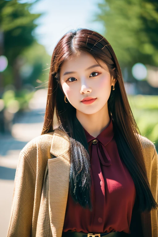 In 8k resolution, the image is captured of a 20-year-old Asian woman with delicate facial features, cute but detailed makeup, and long, smooth dark red hair. She wears modern clothes and luxurious accessories, standing in the middle of a natural environment, exuding confidence and joy. Sunlight enhances the elegance of the scene, with strong color contrast adding elegance and charm. Sunlight cast shadows on the girl's shirt. Professional cameras captured her image with a dynamic, mysterious style, expressing her artistry and creating trends. The photo focuses, close up, on the girl's accessories. The photo blurs the background to highlight the girl's full body shape.