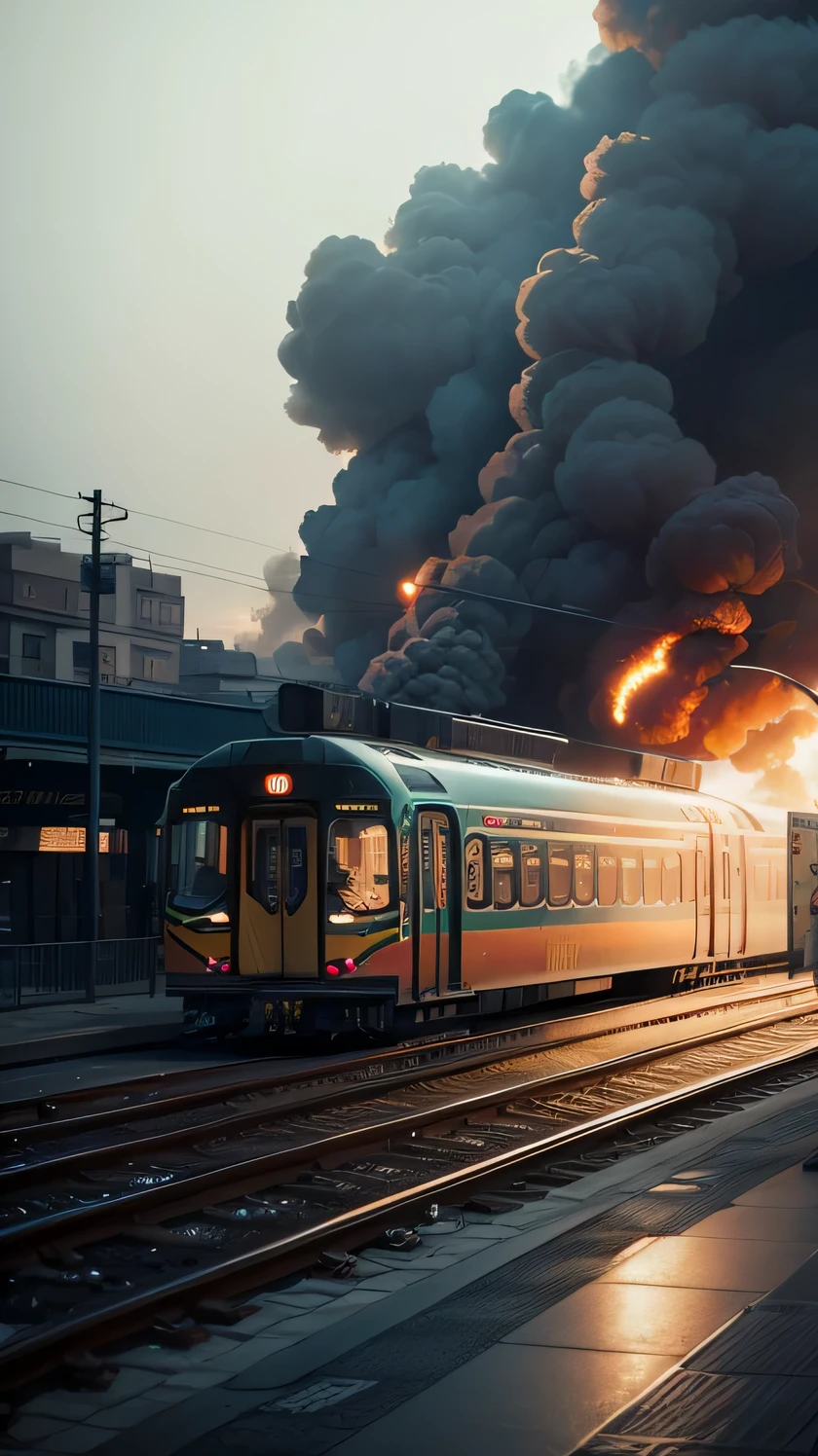 the subway is on fire, smoke, 8k