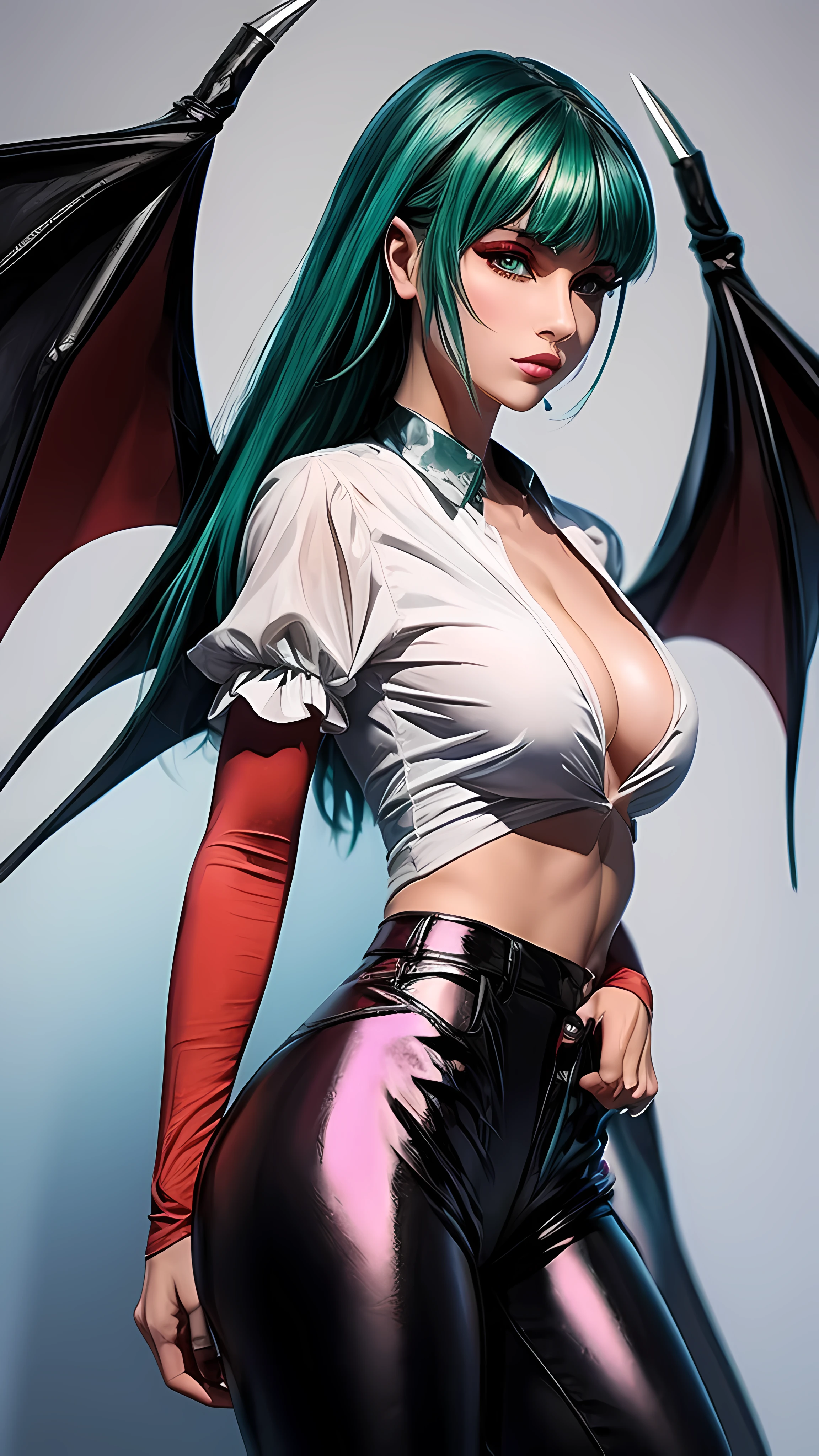 Morrigan has no bat wings in this image. Morrigan appears as a normal human being. She is wearing a white collared shirt that's seductively in unbuttoned and tight red leather pants. Sea-green hair, ultra detailed green eyes, perfect face, masterpiece,