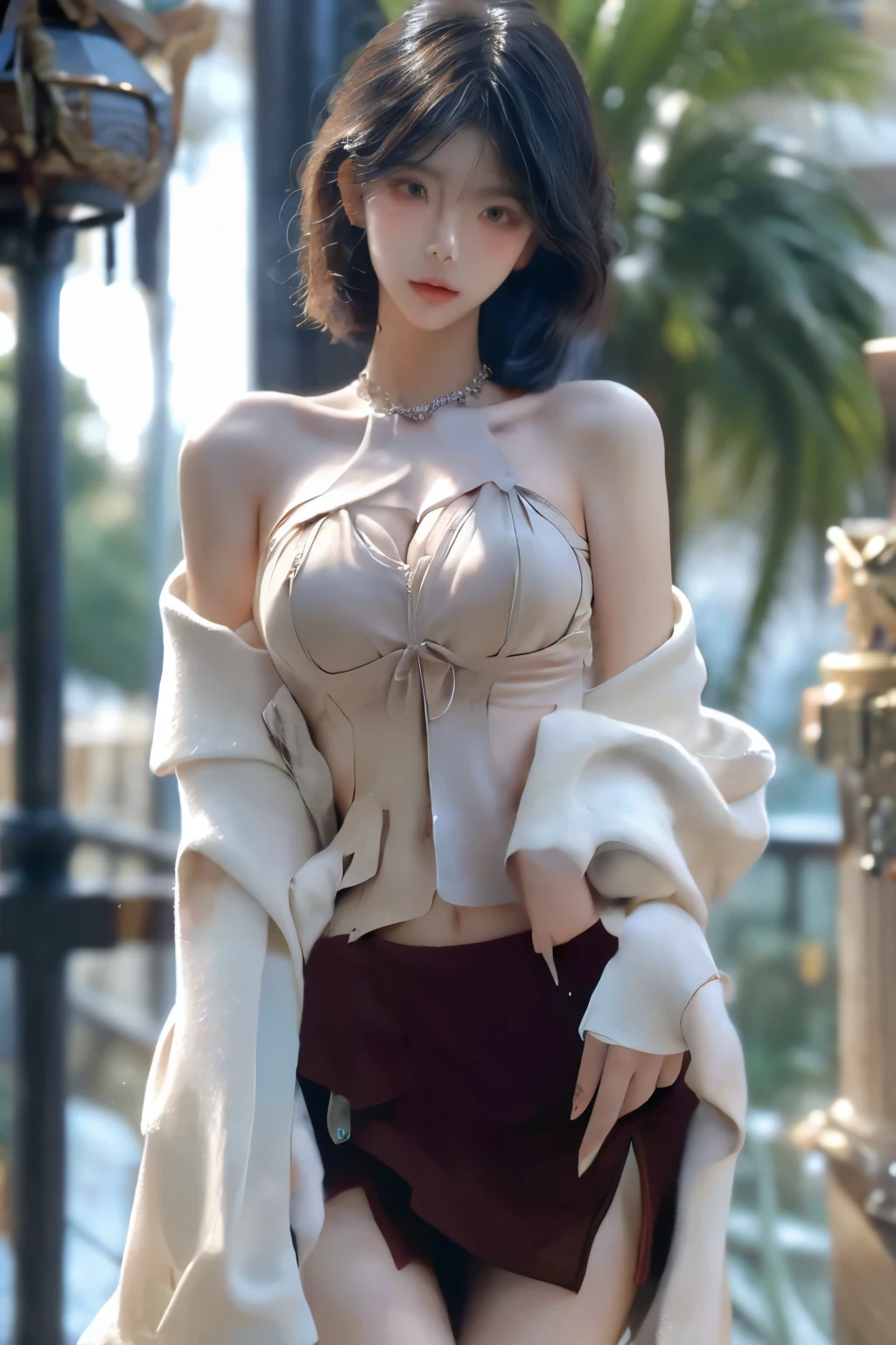 Beautiful woman with perfect body:1.4,layered hairstyle,prominent cleavage,black miniskirt,Highly detailed facial and skin textures,double eyelids,whiten skin,long hair,Whitened long legs