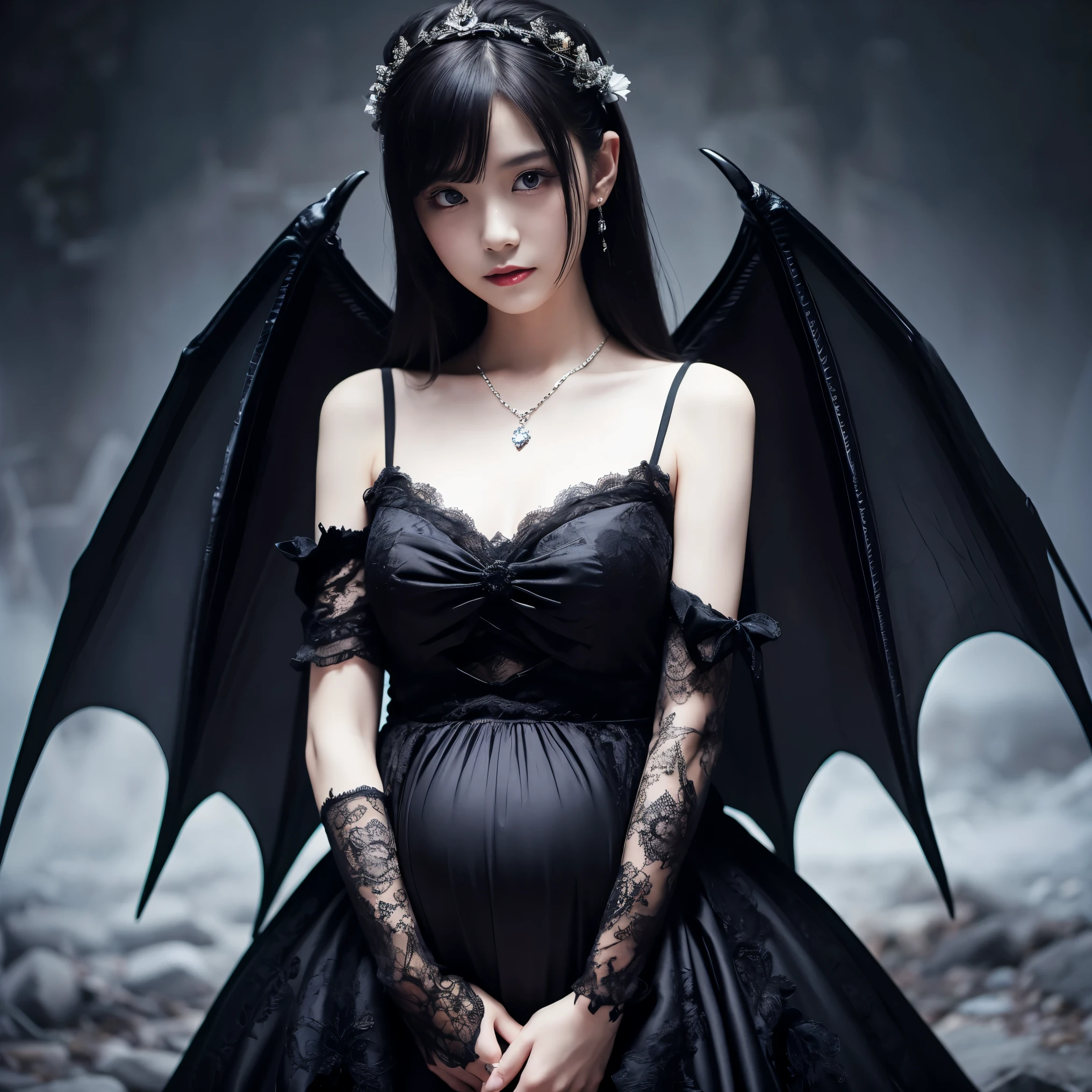 ((highest quality、masterpiece、8K、best image quality、ultra high resolution、Award-winning work))、Vampire Princess、(pregnancy 1.1)、(evil and creepy吸血鬼:1.1)、(evil and creepyメイク:1.1)、(evil and creepy:1.1)、(pure white skin:1.1)、eye shadow、long hair、upper body photo、(accurate anatomy:1.1)、Huge and creepy European castle、(evil and creepy城の背景:1.1)、(Scary creepy demon wings:1.2)、(The most evil and ugly of devil&#39;s wings:1.2)、(Demon wings with the most complex texture:1.2)、Creepy Vampire Castle、Spooky and scary castle、Spooky fog、detailed background、Spooky Night Castle、(Look at me with cold eyes:1.1)、Intricately decorated dress、The most complicated vampire dresses、Creepy Vampire Princess Dress、邪悪なhighest qualityの巨大なティアラ、邪悪なhighest qualityの巨大なネックレス、Vampire Princessの邪悪なドレス、Intricately decorated dress、small valley、Tattoo with an evil pattern、Evil decoration、Artistic and eerie patterns、ruby decoration、Giant Ruby、Evil pattern decoration、artistic decoration、Dresses with a narrow waist、The most realistic background、complex background,、Highly detailed and realistic background、ultra high resolutionの顔、ultra high definition hair、Ultra high definition glossy skin、(ultra high resolutionの完璧な歯:1.1)、Ultra high definition eyes
