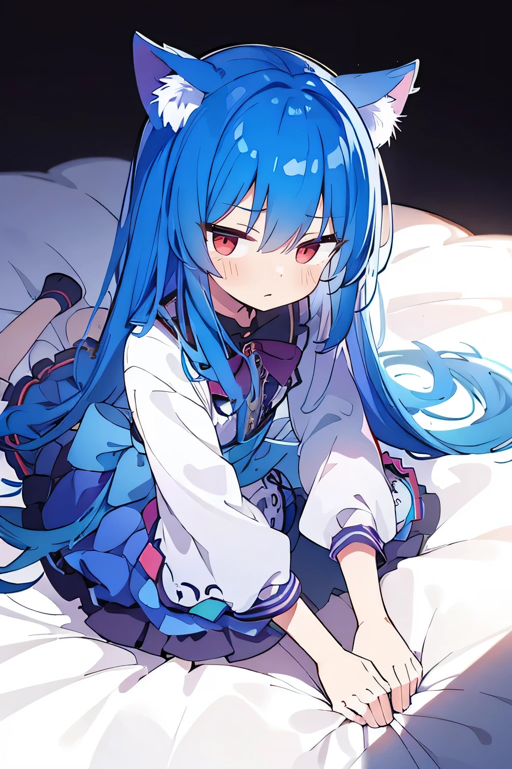 (Masterpiece), best quality, expressive eyes, perfect face, 1girl,
Put your hands on your waist, fair, gorgeous, Japanese comics, girl, Lola, young angel, blue hair, blue hair, flowing clothes, hug the waist, hug the waist, hands on hips, hands on hips, lay down , lying on the ground, legs on the ground, flat chest, cat ears,red eye,