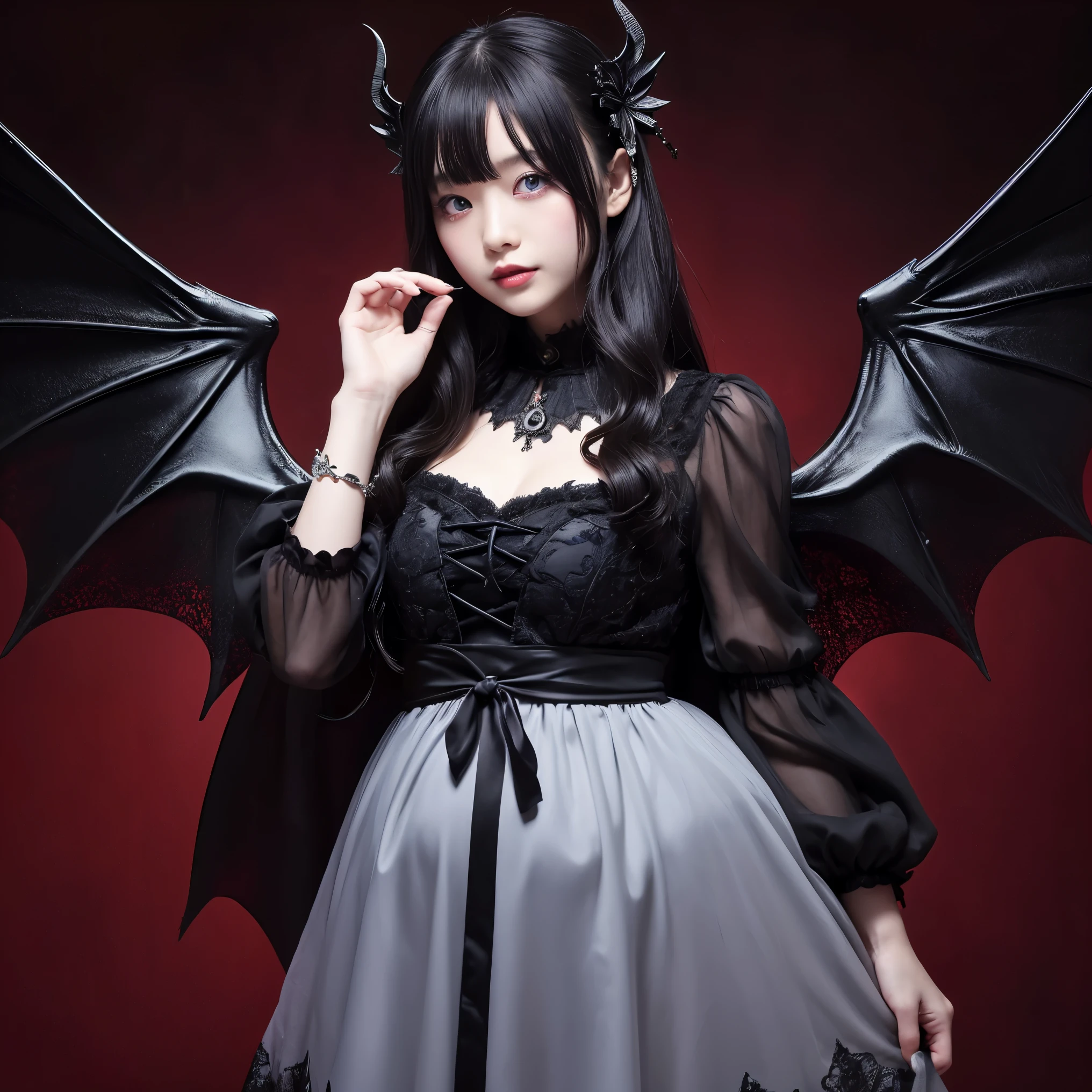 ((highest quality、masterpiece、8K、best image quality、ultra high resolution、Award-winning work))、Vampire Princess、(pregnancy 1.1)、(evil and creepy吸血鬼:1.1)、(evil and creepyメイク:1.1)、(evil and creepy:1.1)、(pure white skin:1.1)、eye shadow、long hair、upper body photo、(accurate anatomy:1.1)、Huge and creepy European castle、(evil and creepy城の背景:1.1)、(Scary creepy demon wings:1.2)、(The most evil and ugly of devil's wings:1.2)、(Demon wings with the most complex texture:1.2)、Creepy Vampire Castle、Spooky and scary castle、Spooky fog、detailed background、Spooky Night Castle、(Look at me with cold eyes:1.1)、Intricately decorated dress、The most complicated vampire dresses、Creepy Vampire Princess Dress、邪悪なhighest qualityの巨大なティアラ、邪悪なhighest qualityの巨大なネックレス、Vampire Princessの邪悪なドレス、Intricately decorated dress、small valley、Tattoo with an evil pattern、Evil decoration、Artistic and eerie patterns、ruby decoration、Giant Ruby、Evil pattern decoration、artistic decoration、Dresses with a narrow waist、The most realistic background、complex background,、Highly detailed and realistic background、ultra high resolutionの顔、ultra high definition hair、Ultra high definition glossy skin、ultra high resolutionの完璧な歯、Ultra high definition eyes