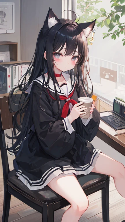 black hair、Cat ear、、angelic smile、blushing cheeks、small breasts、、sleepy eyeaid clothes、yawning、stuffed toy、Ahoge、happy eyes、Emotionally-intense、black eyes、excited face、((AA Cup))、A slightly sulky face、is seperated、sailor suit、desk and chair、study、((Questionable face))、Watching from the front、resting on chin、sitting、Very tired、、two arms、girl sitting、((red collar))、((holding coffee in hand))、((Red haori))