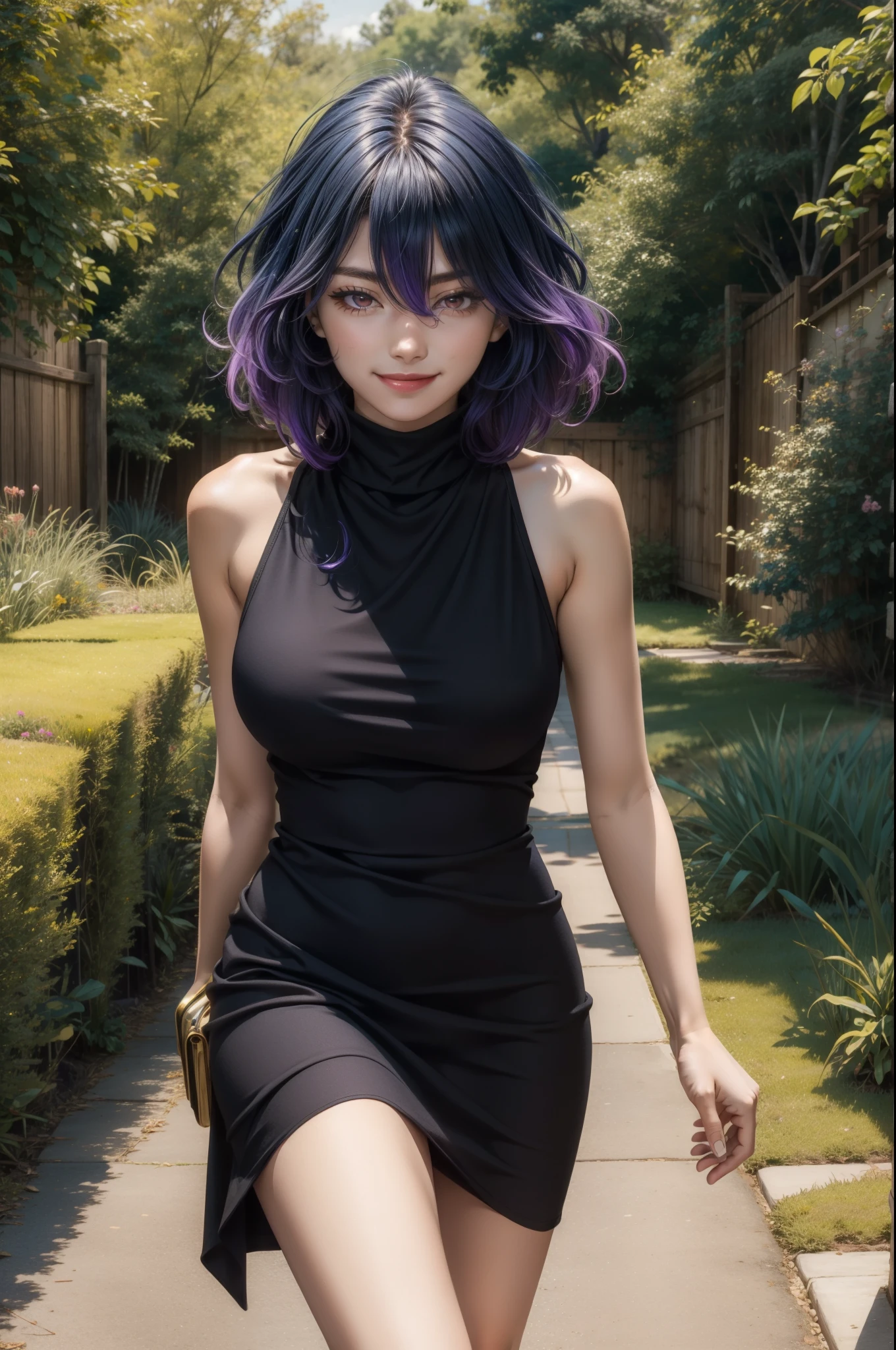 tall body, tall, long legs, mature female, mature, adult, simple background
 eft_vermeil, 1girl, solo, breasts, dress, turtleneck dress, purple hair, black dress, red eyes, large breasts, sleeveless, smile, medium hair, looking at viewer, sleeveless dress, outdoors, hair between eyes, turtleneck, bare shoulders, short dress, short hair, blue hair, multicolored hair, standing, bangs, closed mouth