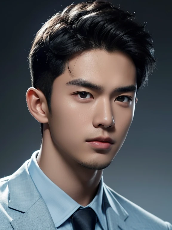 black hair, hairstyle showing forehead, light blue Y-shirt, tie, black background, realistic asian handsome face, natural muscles, beardless face, masterpiece, A high resolution, hyperrealism, detailed face, solo, a men, glowing skin, (Asian), (young, teenager , student ), Handsome, detailed background, Handsome