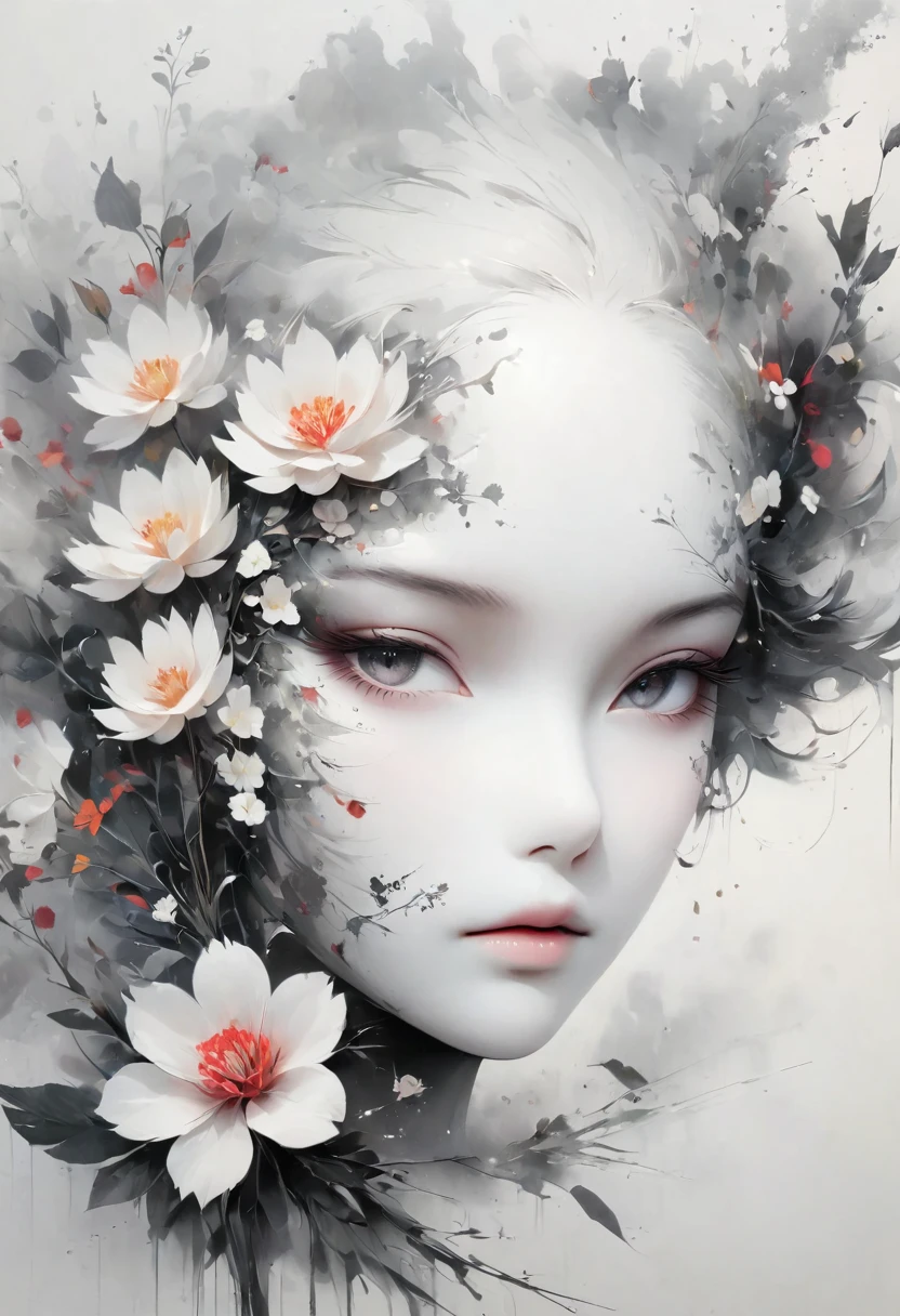 (Anime line drawing:1.5),(black and white painting:1.45),Minimalism,(line art:1.6),sketch,Charcoal drawing,mask,flower,Illustration in surreal art style,surreal dream,Dubrec style,(multiple exposure:1.8),