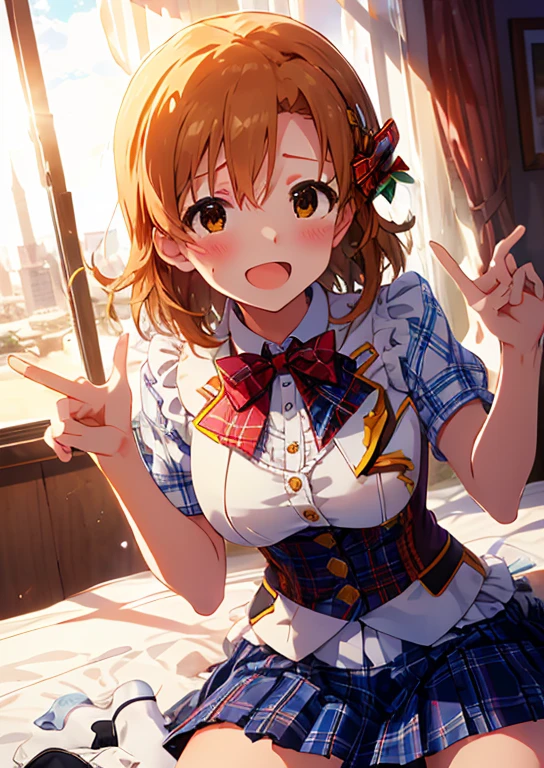Mirai Kasuga  (million live), (highest quality, 8K, masterpiece, Super detailed:1.2), (Lens flare, particles of light, shine), big breasts, smile, open your mouth, masterpiece, highest quality, Super detailed, High resolution, Very detailed CG, (official art), red bow tie, vest, plaid skirt, Light blue skirt , ((NSFW)), perfect body,sexy, panty shot,((M-shaped spread legs)), (spread your legs),raise your legs, (embarrassing:1.1), (blush:1.2), (orgasm:1.2), open your mouth, (shout:1.1), (moving line:1.1), Sweat, heavy breathing, Expansion Division,  penis, sex, sex with men, {{amazon location}}, Bedroom, white sheets, pillow, 