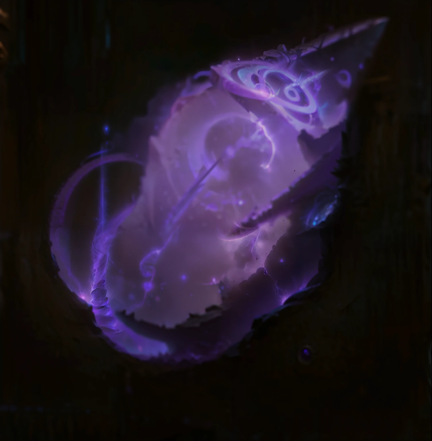 Close up of a purple object with a spiral pattern, World of Warcraft spell icons, Lightning mage spell icon, Fantasy game spell icon, Fantasy game spell symbols, Magic spell icon, Purple glowing core in armor, heavy, magic runes, ability image, magic items, heavy, Purple smoke