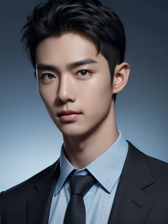 black hair, hairstyle showing forehead, light blue Y-shirt, whole body、tie, black background, realistic asian handsome face, natural muscles, beardless face, masterpiece, A high resolution, hyperrealism, detailed face, solo, a men, glowing skin, (Asian), (young, teenager , student ), Handsome, detailed background, Handsome
