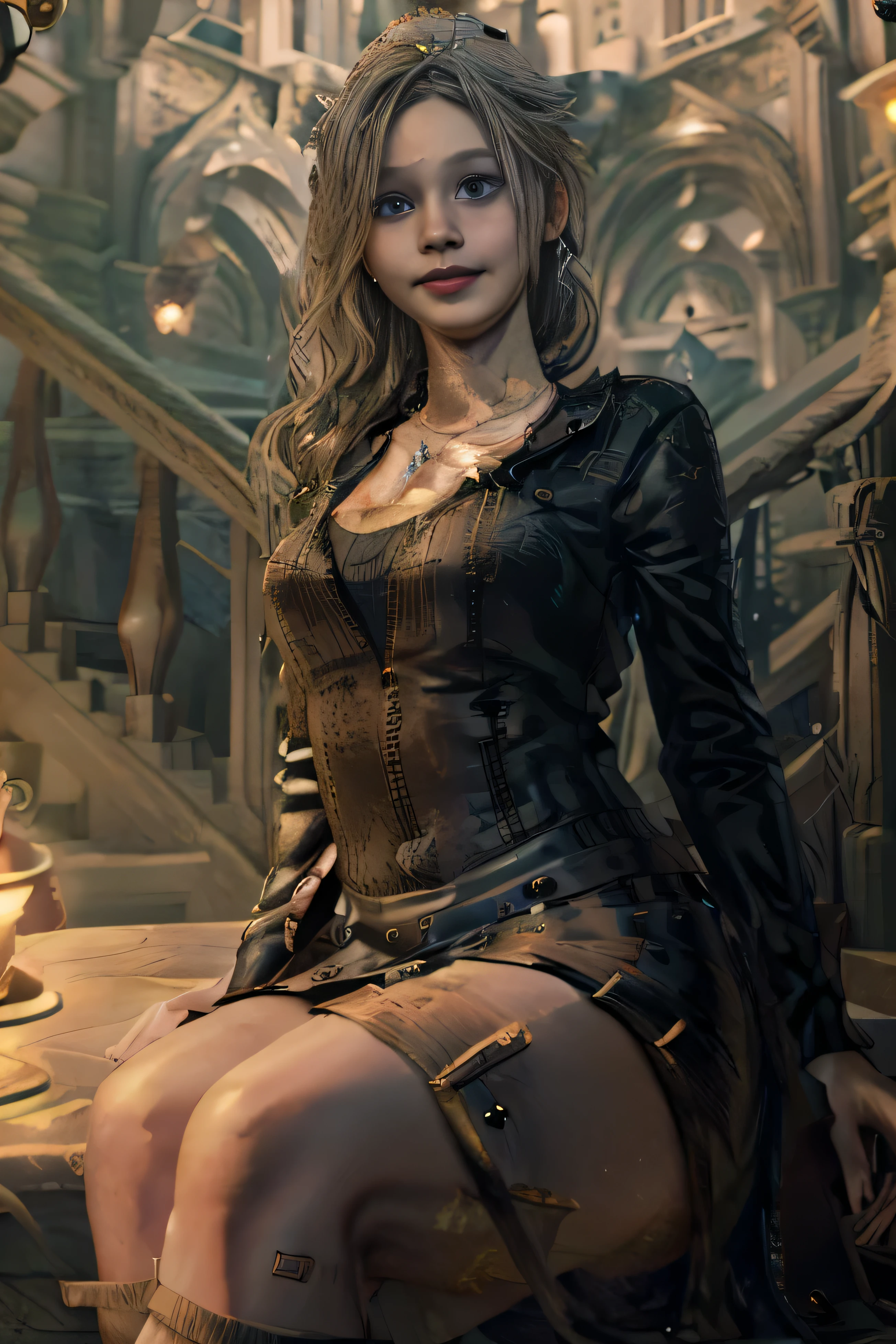 blonde hair, crystal high boots,sparkly necklace,crown,skirt,castle inside,luxury, mole under eye, wide eyes,happy,smiling, facial hair, parted lips, Tonalism, cinematic lighting, masterpiece
