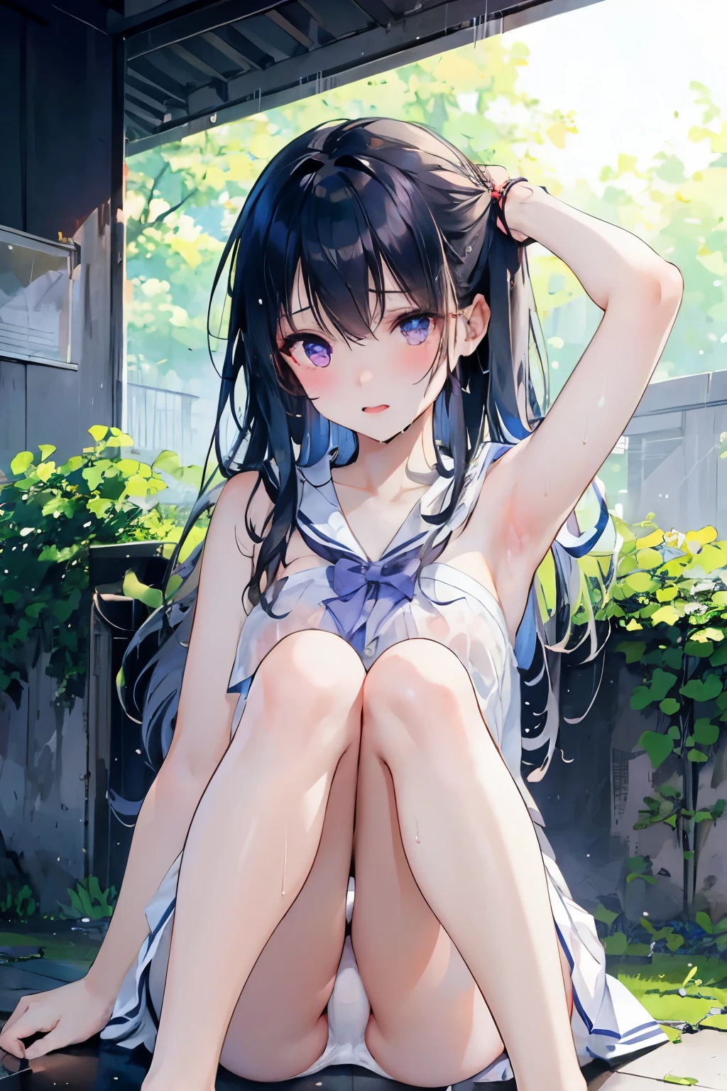 realistically, 1 girl, longhair, purple eyes, glowing eyes, white short skirt, Blush, daytime, sun light, Strapless, Wet from the rain, Seethrough, windy, Sit with your knees raised., armpit, pussy, crotch, nipples, shy