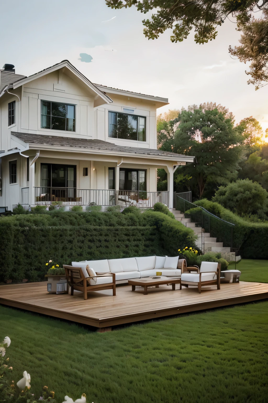 American country home modern exterior from afar, during spring, with white californian flowers, white couches on the porch surrounded by forest and sunset