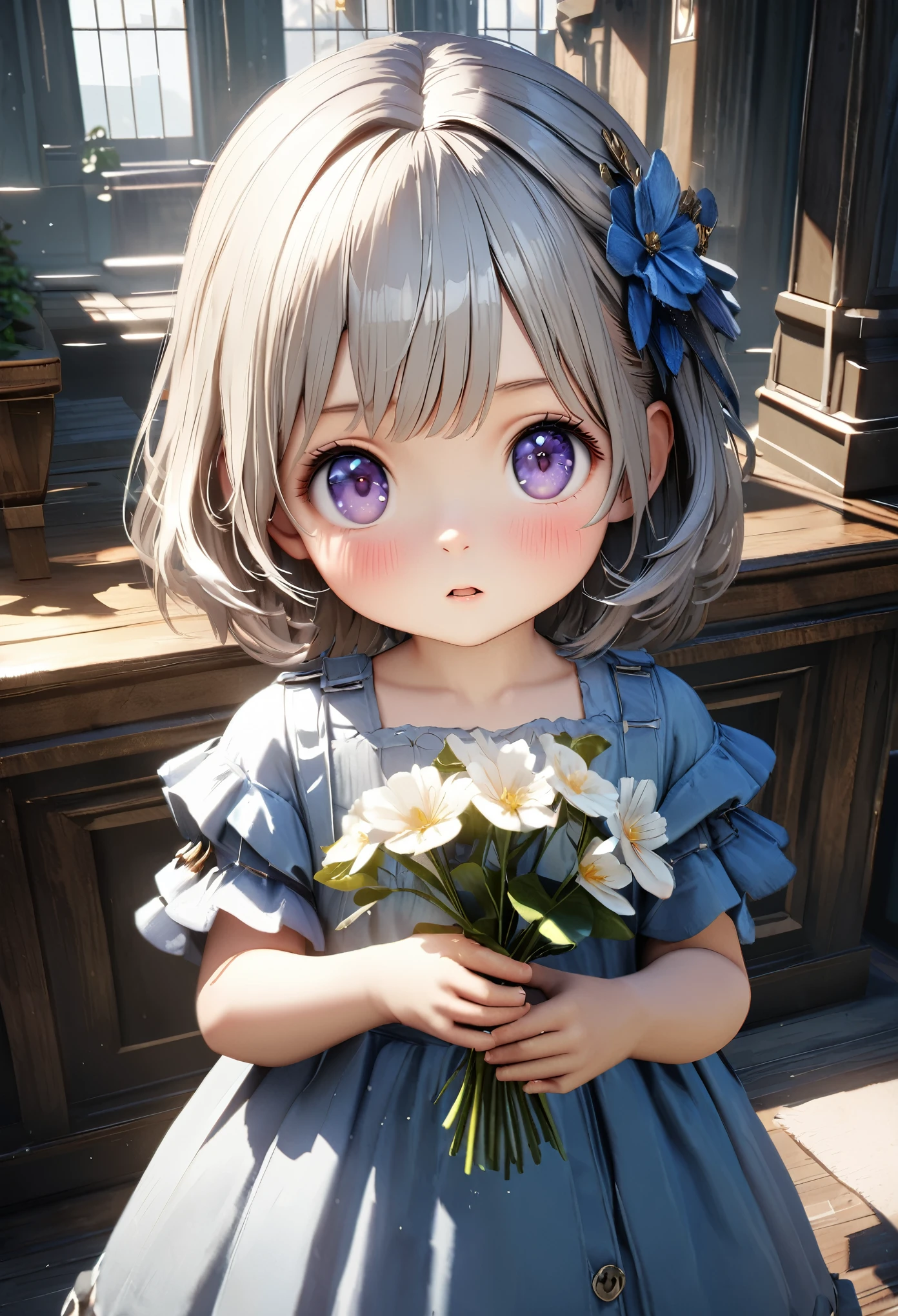 Masterpiece, Best Quality, Super Detailed, High Definition, Expensive Resolution, HDR, 4k, 8K, Unity 8k Wallpaper, Super Detailed CG, Masterpiece, Realistic, 2D, 3D, Beautiful Details, Depth, Fine Texture, Super Fine: 1.3, Fully Focused, Crispy.skin, .he, Very Cute Anime Girl About s Old, Expensive Silver Short Hair, One Girl About 3 Year Alone, Pretty Blue Dress, Holding Flowers , looking at camera, expensive, blush, mole, parted lips, hair ornament, heart, purple eyes