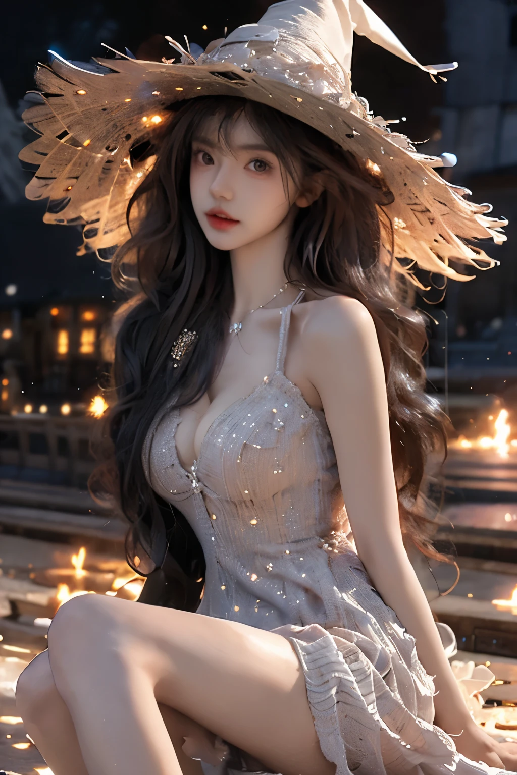 Beautiful woman with perfect body：1.4，layered hairstyle，prominent cleavage：1.5，black miniskirt，Highly detailed facial and skin textures，double eyelids，whiten skin，long hair，Whitened long legs