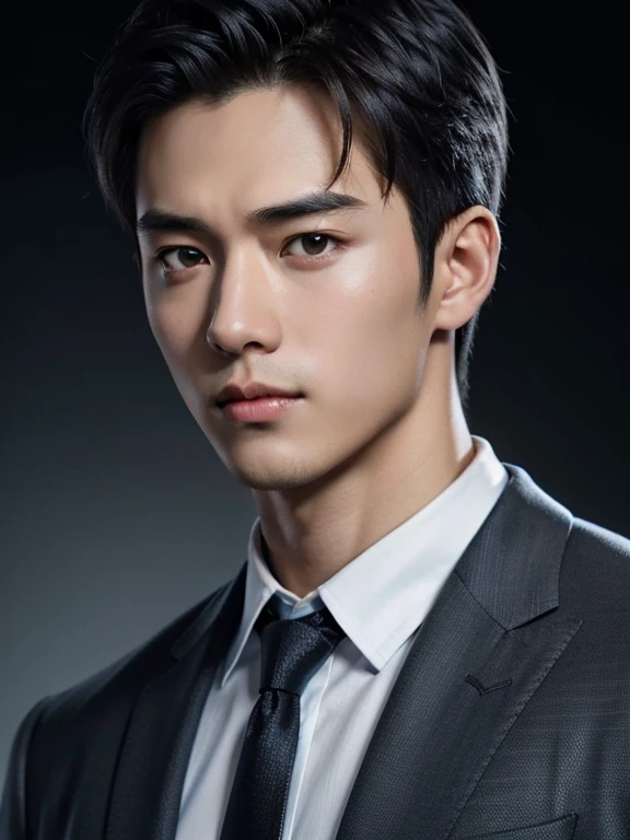 black hair, hairstyle showing forehead, light blue Y-shirt, whole body、tie, black background, realistic asian handsome face, natural muscles, beardless face, masterpiece, A high resolution, hyperrealism, detailed face, solo, a men, glowing skin, (Asian), (young, teenager , student ), Handsome, detailed background, Handsome