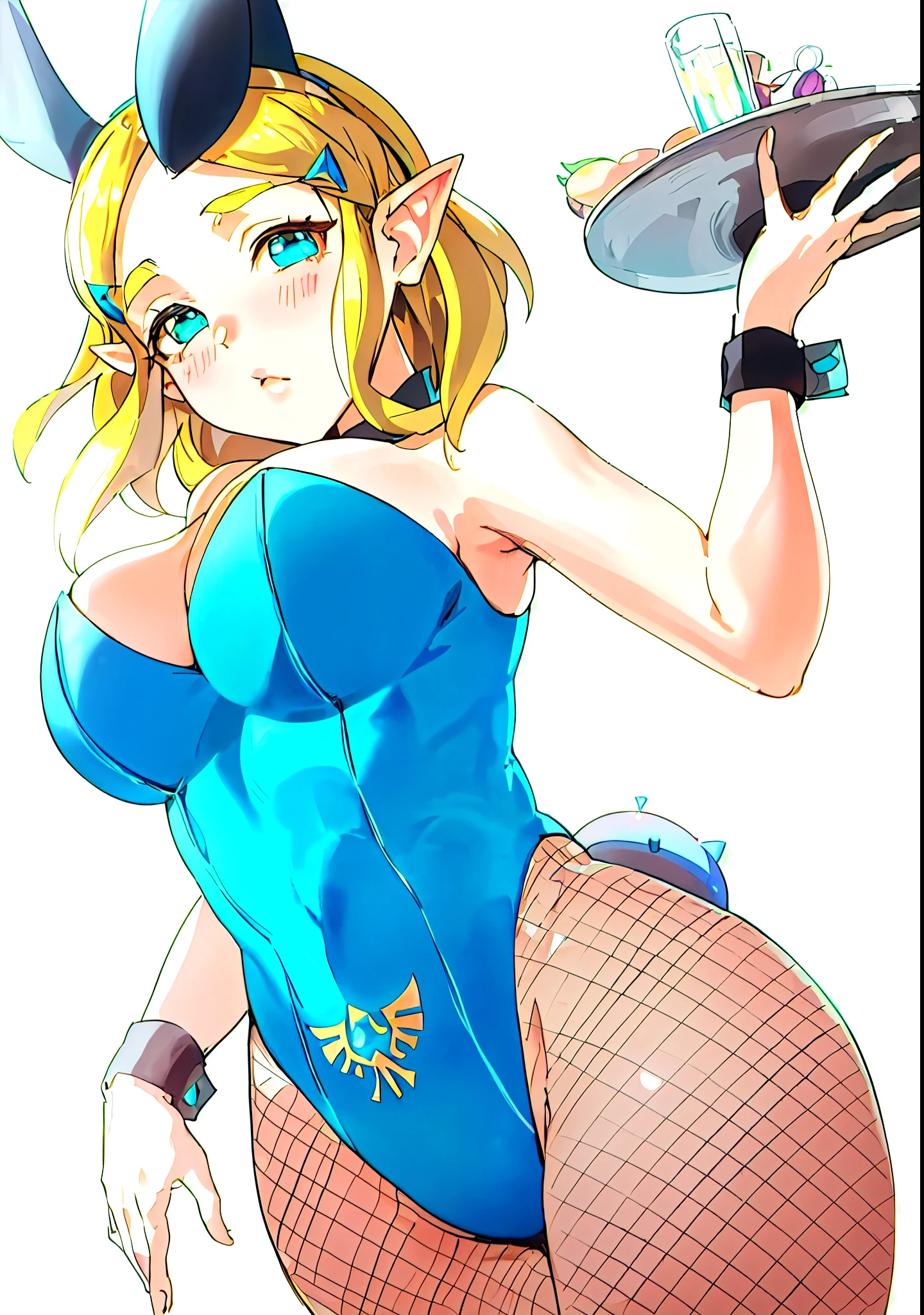 Anime girl wearing a blue dress holding a tray with a cake on it, Video Game Vanart, from legend of Zelda, thicc, Zelda botw, com.cutesexyrobutts, Zelda with triforce, The zero suit itself, Princess Peach), Gorgeous and highly detailed art, princess Zelda, Zelda style art, High quality artistic art, Zelda, cammy, A juicy peach that looks like a human