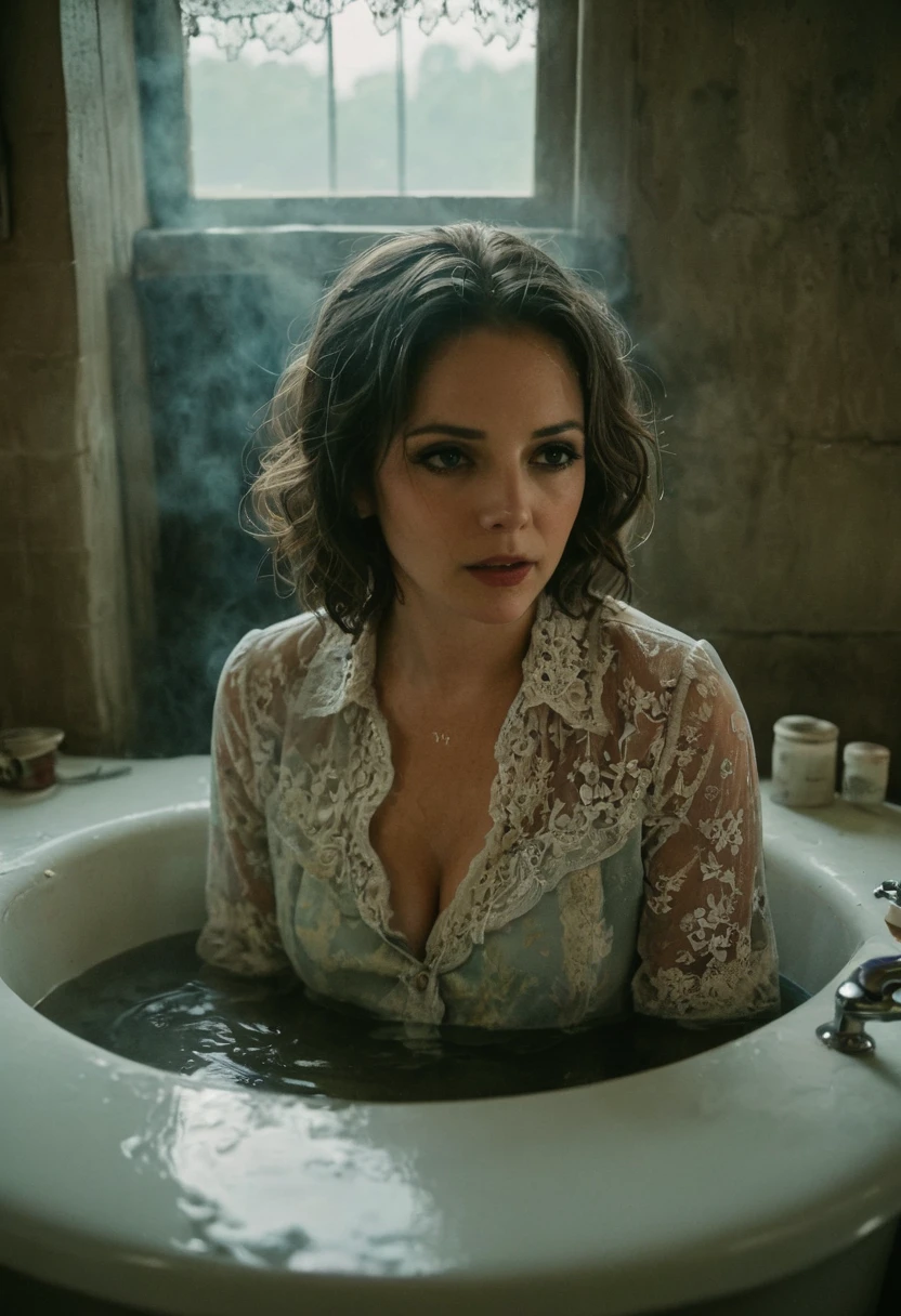 best quality, realistic, 70s setting, above view, mature woman, dirty bath, drowning sitting deep inside bath in muddy substance, (soaking wet) jeans, expression of despair and gloomy ecstasy, bright colored lace blouse, gloomy ecstasy:1.2, vintage style, dim lighting, soft color palette, nostalgic vibes, grainy textures, cinematic composition, textured walls, water dripping, steam rising, distressed details, foggy mirror, smoky atmosphere, introspective mood