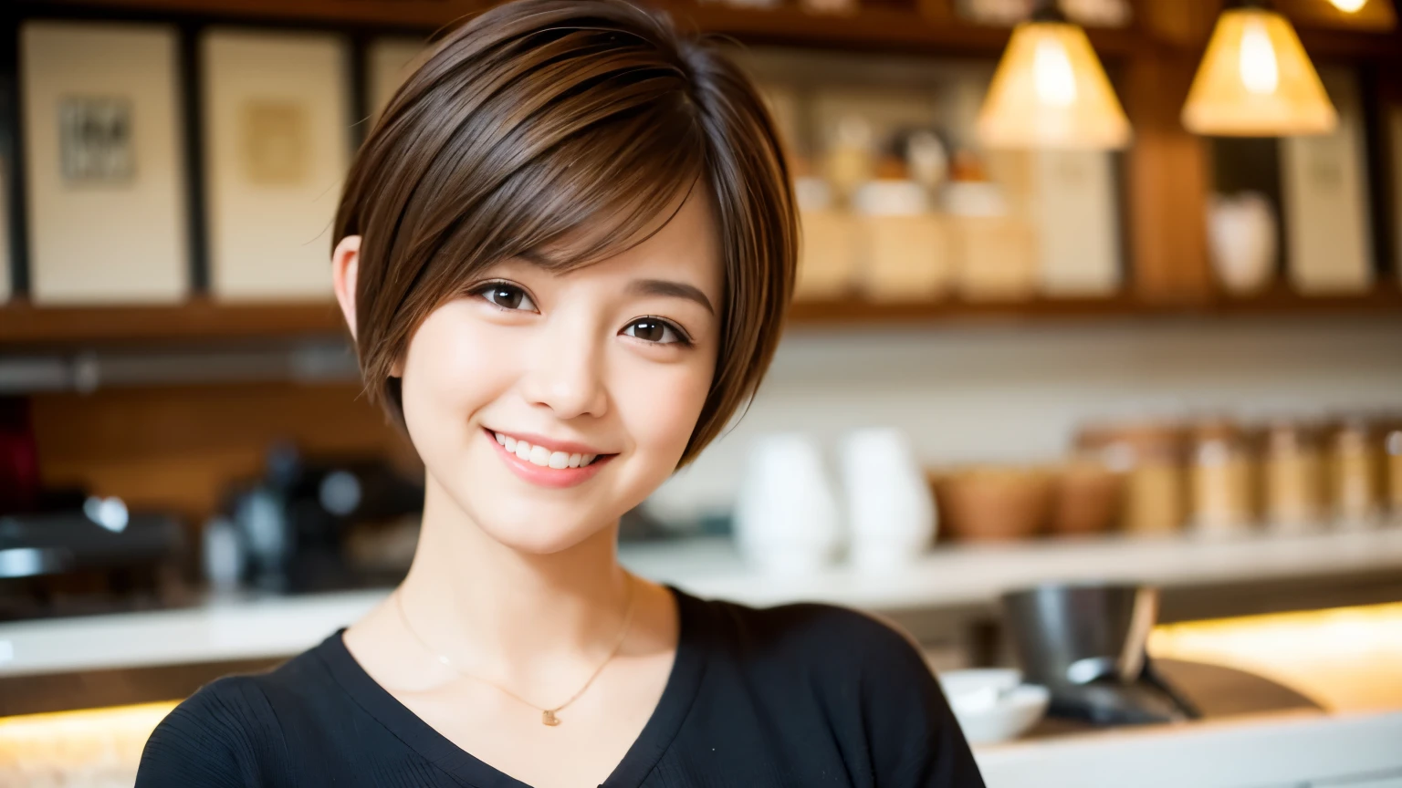Short hair, pixie cut, Cecil cut, uneven ends, very short hair, smile, brown hair, Photo taken in a stylish cafe