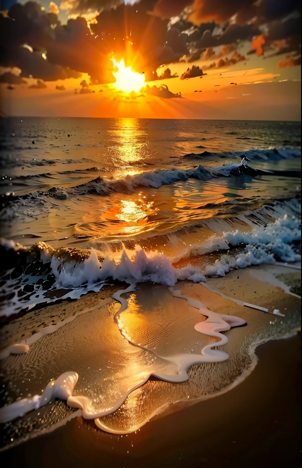 Enchanting sunset over the beach, With orange blend, pink, And the yellow that fills the sky. Crystal clear ocean waters gently kissing the shore, An endless white sand beach. The scenes are dynamic and breathtaking, Soaring seagulls and gently swaying palm trees. Enjoy the calm atmosphere、Feel at ease。.