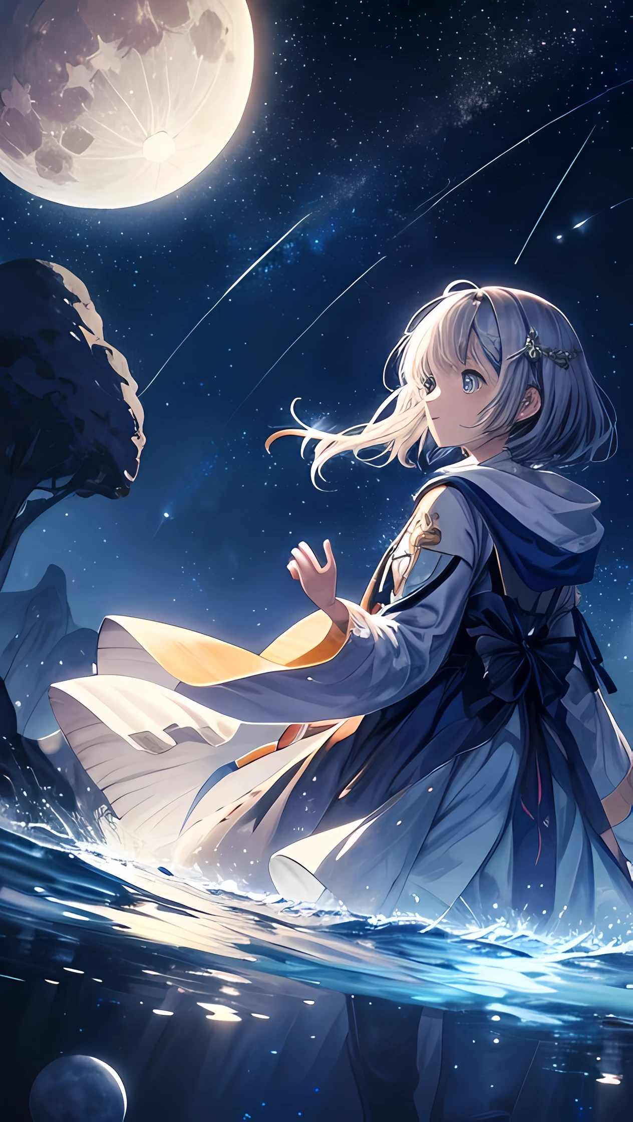 Wear a river picture, stars in the sky, and the moon、Condensed beauty, Concept art inspired by Mitsuoki Tosa, Pixiv contest winners, highest quality, fantasy art, beautiful anime scene, Bright round moon, starry sky environment in the moonlight, dream picture, anime background art, dream scenery art, wonderful night, anime background, background artwork, great art, Atmospheric anime, starry sky, Enhanced details.