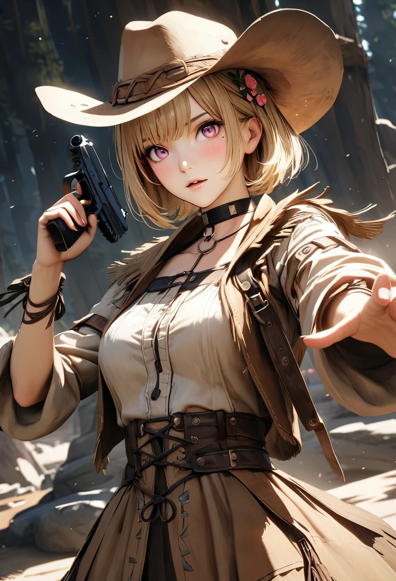 masterpiece,highest quality, Super detailed, High resolution, expensive resolution, HDR, 4k, 8K, unity 8k wallpaper, Super detailed CG, masterpiece, realistic, 2D, 3D, beautiful details, depth, fine texture , super fine: 1.3, Fully focused, Crispy.skin, .he,
Very cute anime girl 、Desolate wilderness、cowboy style costume、cowboy hat、cowboy boots、hand gun、mexican wilderness、duel、Standing with a hand gun、blonde short hair wearing expensive , one girl、alone, blonde short hair, cowboy style、cowboy hat、hand gun、duel、cowboy bootole under the eye, looking at the viewer , expensive , blush, mole, parted lips, hair ornaments, heart, pink eyes, choker