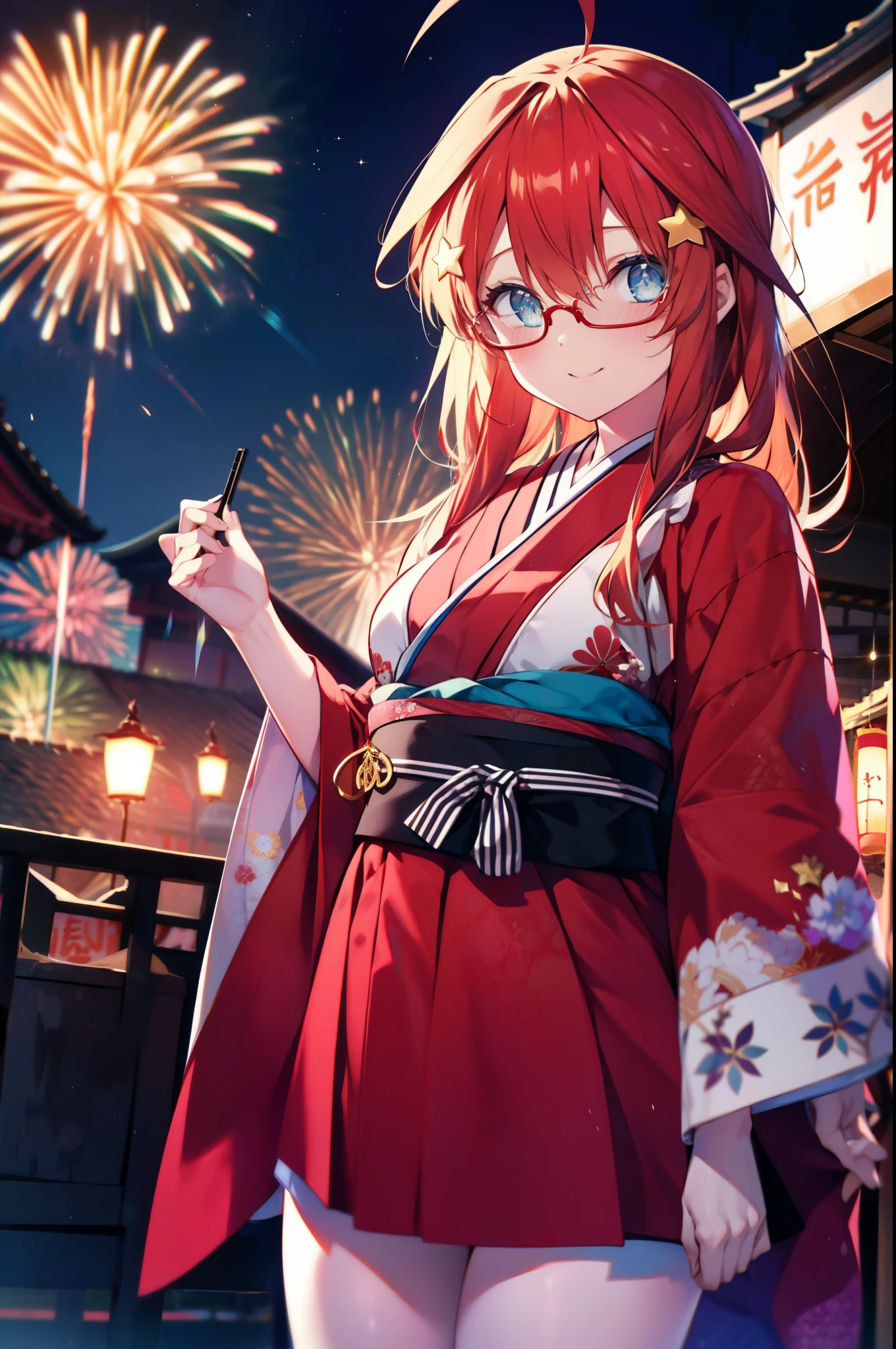 itsukinakano, itsuki nakano, bangs, blue eyes, hair between eyes, Ahoge, redhead, star \(symbol\), hair ornaments, star hair ornaments,Akagi glasses,smile,blush,happy atmosphere,open your mouth,long hair,tie your hair back,Red gorgeous kimono,night空のfirework,firework,Zori sandals,japanese festival,summer festival stalls,red lantern,night,イラストにwhole bodyが入るように, night
break outdoors, shrine, break looking at viewer,whole body,(cowboy shot:1.5),
break (masterpiece:1.2), highest quality, High resolution, unity 8k wallpaper, (shape:0.8), (fine and beautiful eyes:1.6), highly detailed face, perfect lighting, Very detailed CG, (perfect hands, perfect anatomy),