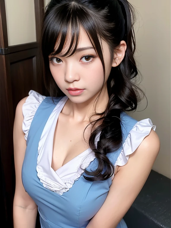 close up face,standing on stage,Blue colored long dress with lots of ruffles,One woman,masutepiece, The highest image quality, High quality, the background is clear,Beautiful woman, Japanese, Detailed, Detailed eyes, Detailed skin, Beautiful skin, 超hight resolution, (reality: 1.4),Very beautiful woman, Slightly younger face, Beautiful skin, slender, (Ultra photo realsisim), (hight resolution), (8K), (Very detailed) (beautifully detailed eyes), (super detailed), (Detailed face), view the viewer, Fine details, Detailed face, Staring straight ahead, Staring straight ahead, photos realistic, Bright lighting, Professional Lighting, Black hair,poneyTail,a baby face,fifteen years old,Hairstyle is ponytail,long ponytail hairstyle,slight smile,neat and tidy clothing,Beautiful Japanese KPOP idol photo, hair style is ponytail, my eyes are double and wide, baby face, smile and look straight ahead, slender, small breasts,Blue ribbon on head,