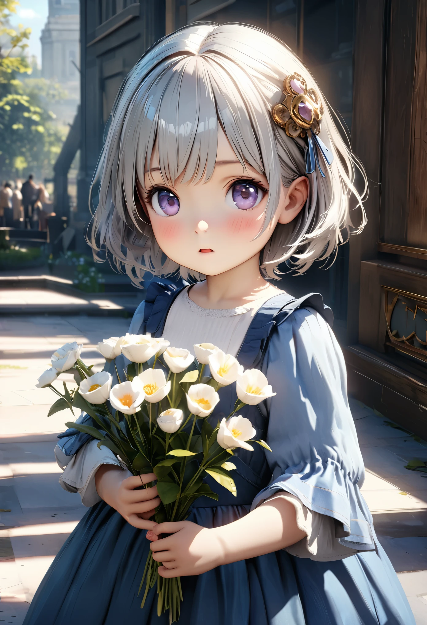 Masterpiece, Best Quality, Super Detailed, High Definition, Expensive Resolution, HDR, 4k, 8K, Unity 8k Wallpaper, Super Detailed CG, Masterpiece, Realistic, 2D, 3D, Beautiful Details, Depth, Fine Texture, Super Fine: 1.3, Fully Focused, Crispy.skin, .he, Very Cute Anime Girl About 3 Years Old, Expensive Silver Short Hair, One Girl About 3 Years Old, Alone, Pretty Blue Dress, Holding Flowers , looking at camera, expensive, blush, mole, parted lips, hair ornament, heart, purple eyes