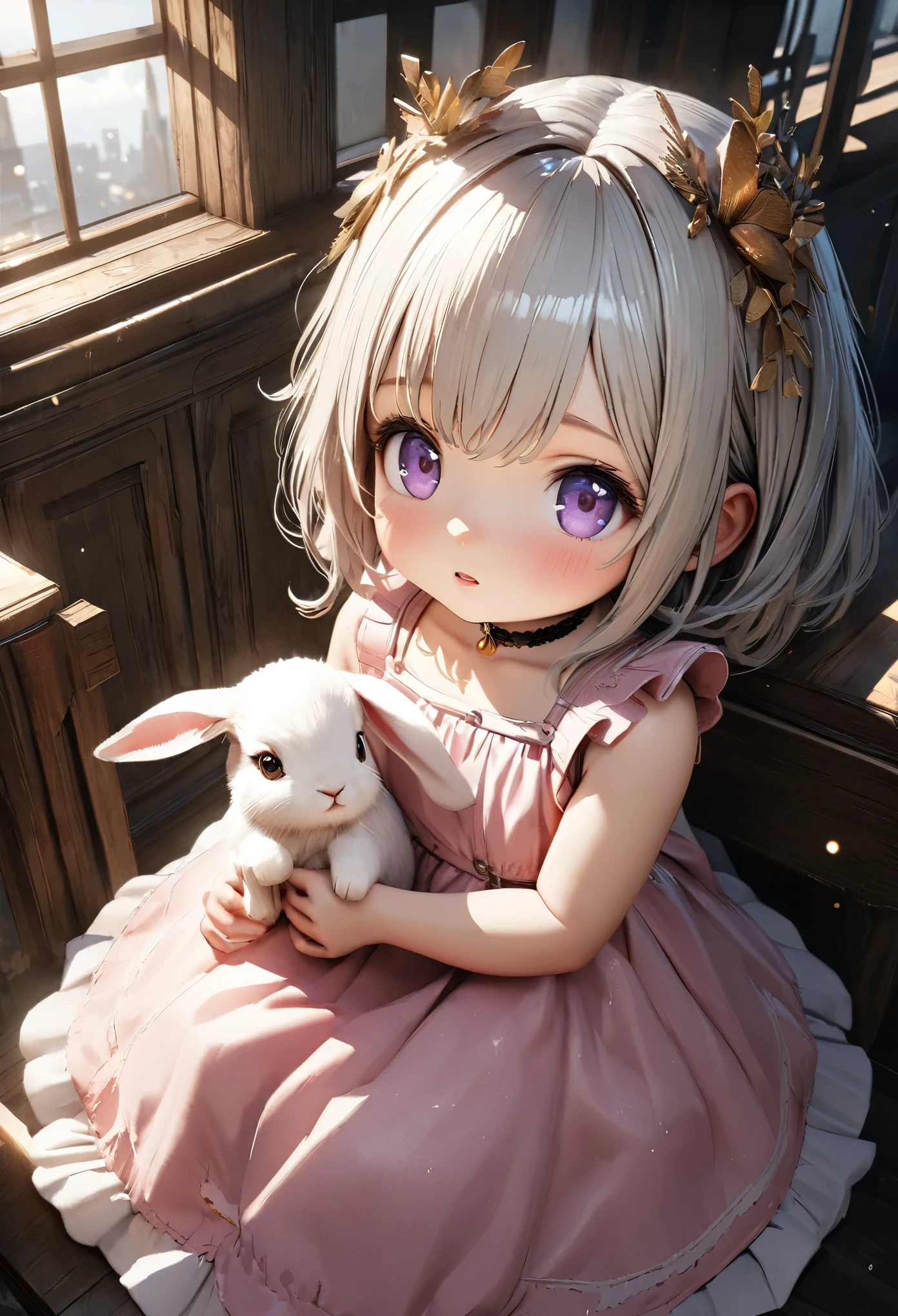 Masterpiece, Best Quality, Super Detailed, High Definition, Expensive Resolution, HDR, 4k, 8K, Unity 8k Wallpaper, Super Detailed CG, Masterpiece, Realistic, 2D, 3D, Beautiful Details, Depth, Fine Texture, Super Fine: 1.3, Fully focused, Crispy.skin, .he, very cute anime 3 girl, cute pink dress, alone, long silver hair, baby raband fawn and friends, looking at camera, expensive, blushing, mole, parted curled lips, hair ornament, heart, purple eyes, choker
