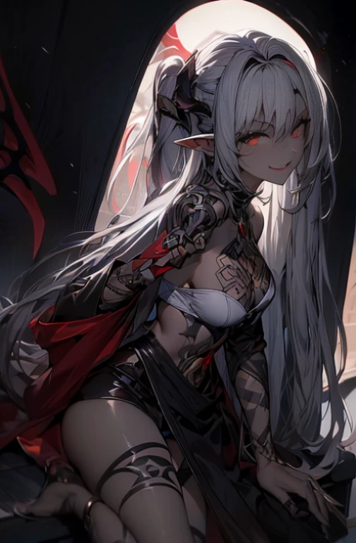 Anime  sitting on bed with red eyes and long white hair，Smile，demon anime girl, Beautiful sexy succubus, Extremely detailed Artgerm, white-haired god,trending on artstation pixiv, A succubus in tight underwear, Erect ，beautiful elegant demon queen， dark elf princess, gigantic cleavage breasts，gigantic ass，huge tits,nsfw