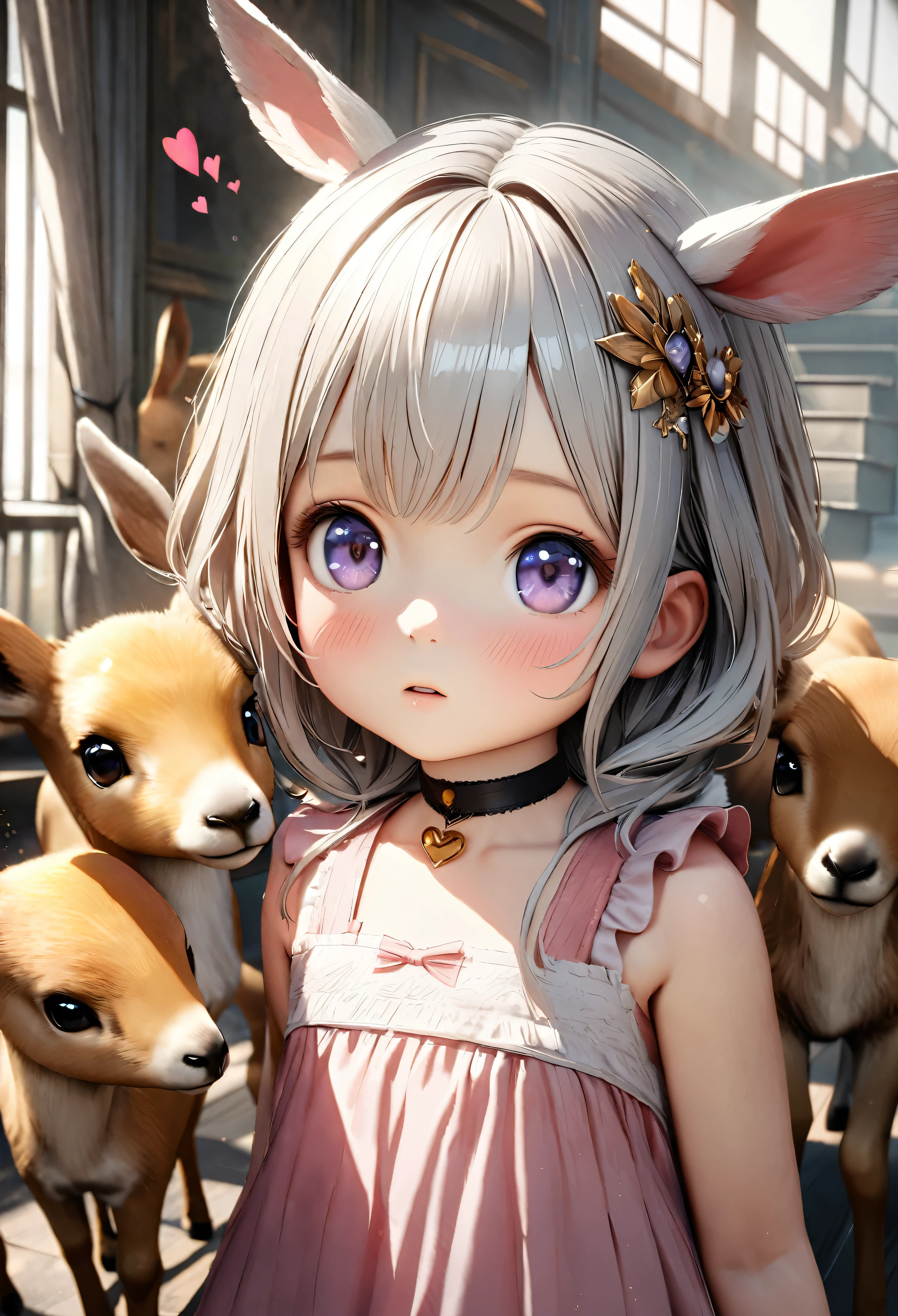 Masterpiece, Best Quality, Super Detailed, High Definition, Expensive Resolution, HDR, 4k, 8K, Unity 8k Wallpaper, Super Detailed CG, Masterpiece, Realistic, 2D, 3D, Beautiful Details, Depth, Fine Texture, Super Fine: 1.3, Fully focused, Crispy.skin, .he, very cute anime 3 girl, cute pink dress, alone, long silver hair, baby raband fawn and friends, looking at camera, expensive, blushing, mole, parted curled lips, hair ornament, heart, purple eyes, choker