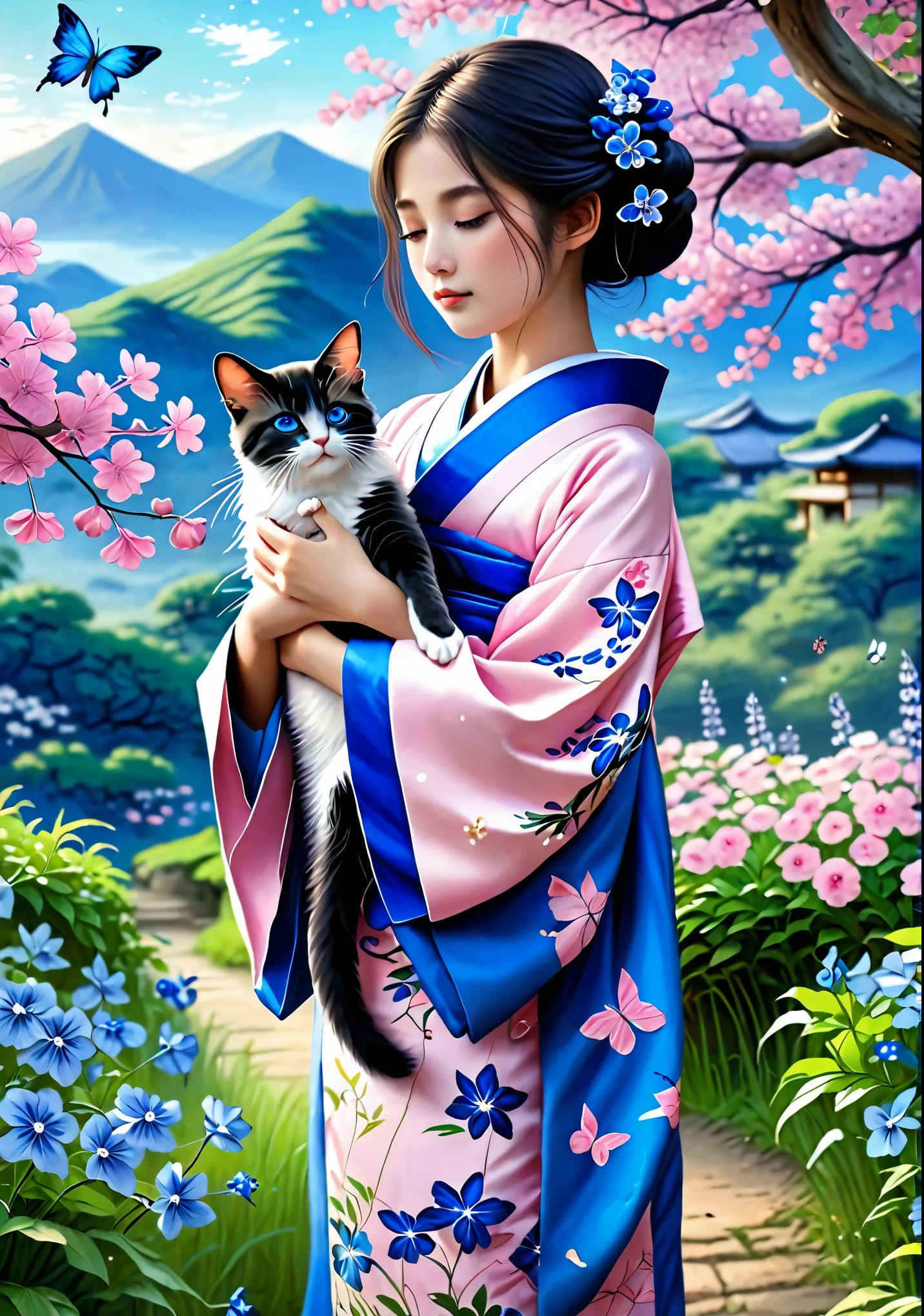 A beautiful girl in a kimono decorated with blue nemophila flowers stands like a beautiful model、14 year old girl、face of shame、Holding a small cat in his arms,,whole body,Butterflies dance,Pink flowers with a valley in the background, beautiful digital art, beautiful amazing digital art, very beautiful digital art, beautiful fantasy art