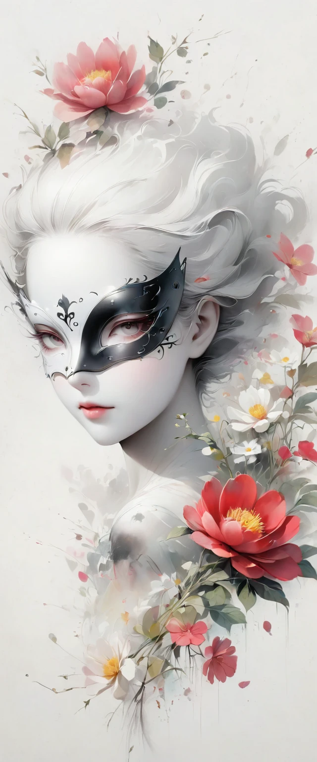 (Anime line drawing:1.5)，(black and white painting:1.45)，Minimalism，(line art:1.6)，sketch，Charcoal drawing，mask，flower,Illustration in surreal art style，surreal dream，Dubrec style,(multiple exposure：1.8),