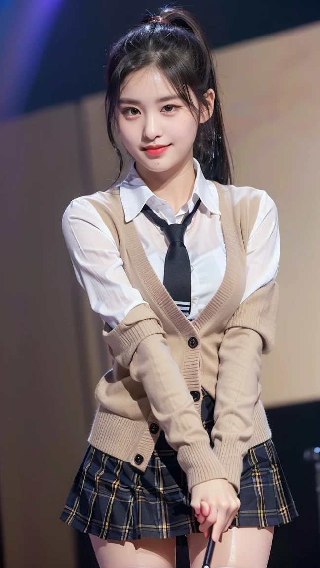 (8K), (highest quality: 1.2), (realistic), (realistic: 1.47), ultra high resolution, 1 girl, cute, smile, closed mouth, (thick lips:1.2),red lip,(Purse your mouth),beautiful details, beautiful nose,(Straight shiny black hair),(With a black ribbon on her head),(ponytail hair),Standing on the concert stage,hold the microphone in your right hand,Bend your elbows and raise your hands,(University Student Uniform,Large dark beige cardigan:1.2),(white satin shirt,tie,Tartan Check Pleated Skirt,opaque tights:1.2),(Close up on wet thighs:1.2),(knees),(super low angle:1.2),(medium shot),