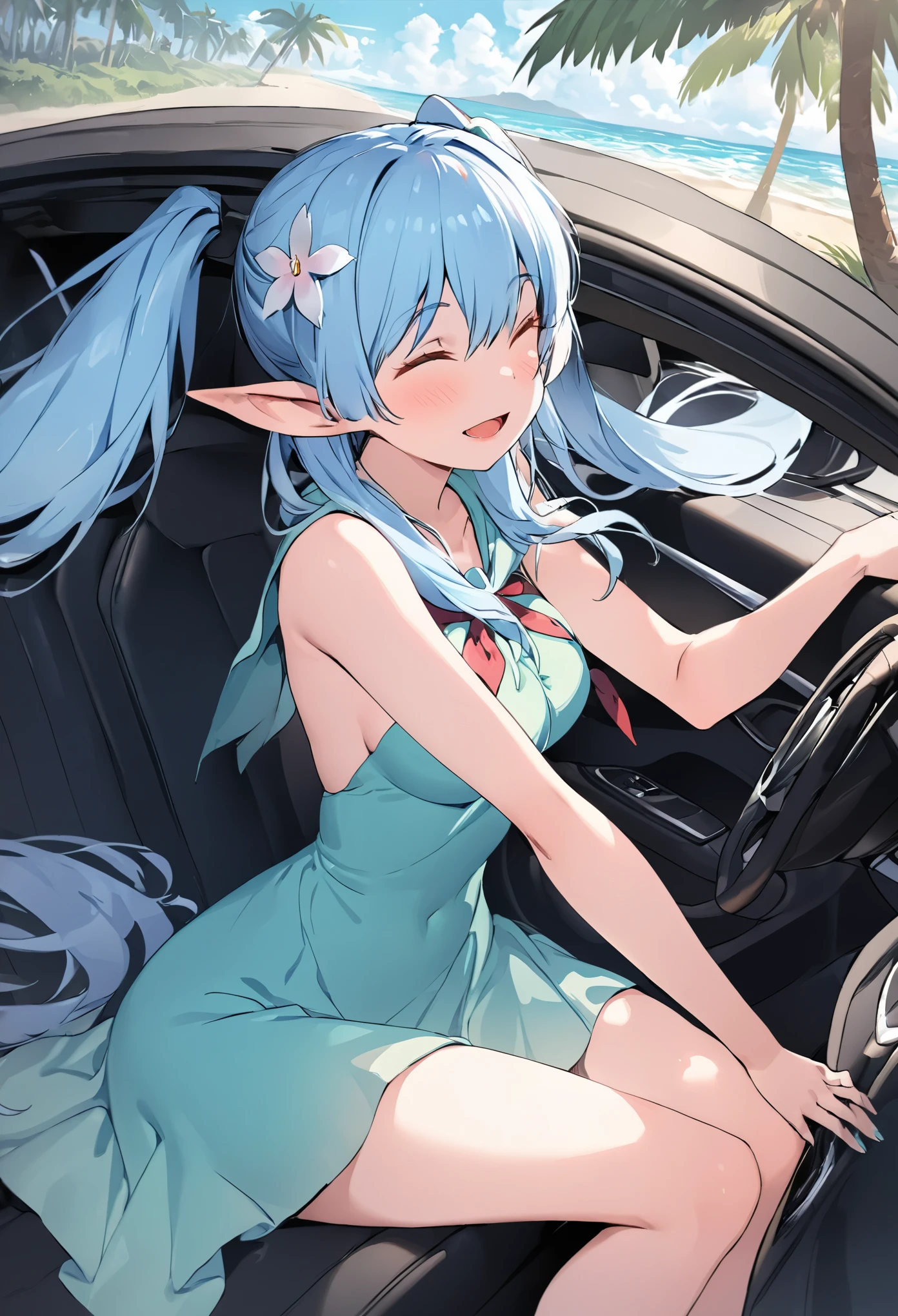 (masterpiece, best quality), (bare breasts ,thigh ), 1 elven girl,(light blue hair,twin tails ,Long hair is fluttering in the wind), hair between eyes,light blue hair,hair flower ornament ,(superb smile, close eyes), open mouth,large breast,pointed ears, elf dress, (( open front of the elf dress chest very wide )), view from side, profile,(Cruising the highway in a open car ) ,Palm trees line the shoreline,(sitting in the left seat of the open car)