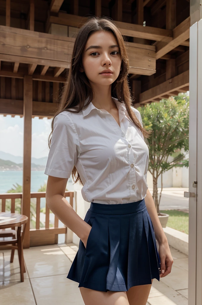 (extremely detailed CG:1.2), (masterpiece:1.2), (best quality:1.2),,((absurdres)),looking at viewer,full body, ,(1girl),solo,(long hair),(mathayom uniform),(white shirt short sleeves),(navy_blue pleated skirt),(long skirt),dynamic angle,standing,dynamic pose,((Delicate facial features)),, background scenery view