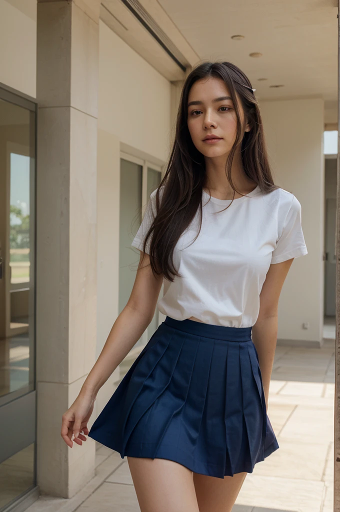 (extremely detailed CG:1.2), (masterpiece:1.2), (best quality:1.2),,((absurdres)),looking at viewer,full body, ,(1girl),solo,(long hair),(mathayom uniform),(white shirt short sleeves),(navy_blue pleated skirt),(long skirt),dynamic angle,standing,dynamic pose,((Delicate facial features)),, background scenery view