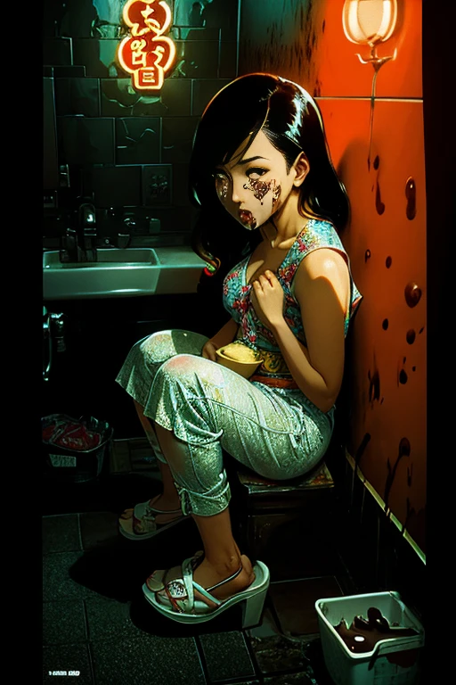 Adorable, demure Japanese girl in bathroom, peeing and pooping, using Asian squat toilet, lemonaide, sour cream, on face and chest, chocolate syrup, old Japanese porn aesthetic, by Frank Frazetta, By Brian Bolland, by Jim Steranko, Euro-Fumetti style, 1960s retro aesthetic, vivid lurid technicolor tones, Lomography effect, Best Quality HD, 8x, intricately detailed, vintage erotic art style, vivid colors