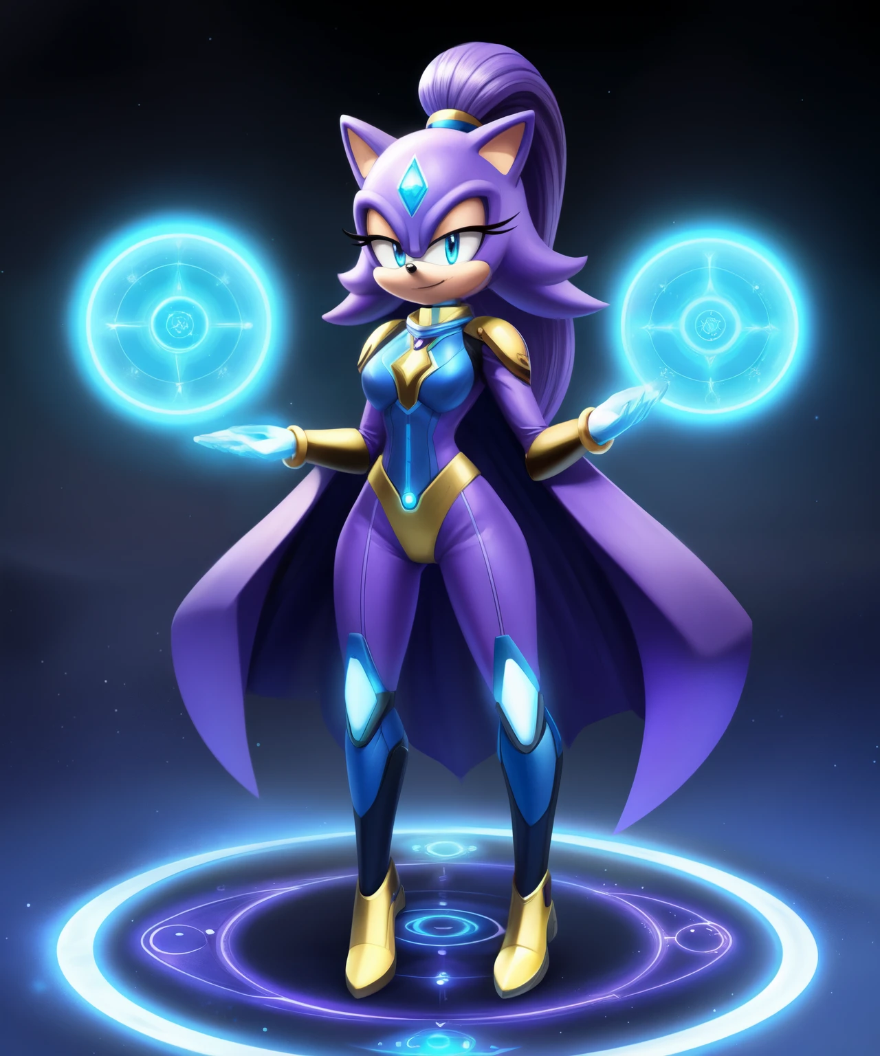 Clea the purple hedgehog lady from Sonic, ponytail hair, blue crystal on her forehead, futuristic celestial supersuit, using celestial technology powers, magic celestial technology circle on their hands, mobian form, full body concept art