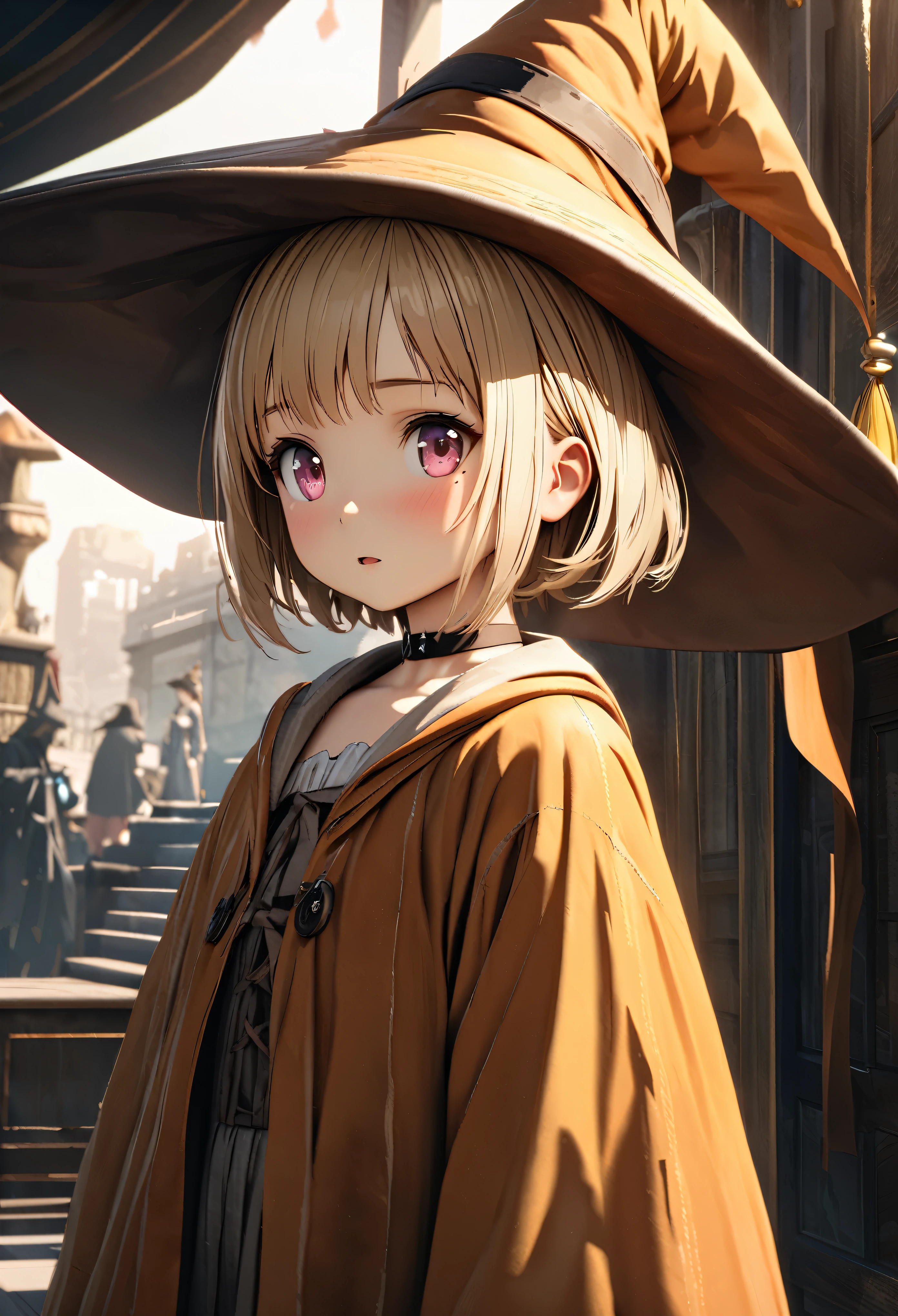 masterpiece, high quality, super detailed, high definition, high resolution, HDR, 4k, 8K, unity 8k wallpaper, super detailed CG, masterpiece, photorealistic, 2D, 3D, beautiful details, depth, fine texture, super Details: 1.3, Full concentration, Crispy skin, .He, A very cute anime girl of about , a girl of about 3 years old a wizard, baggy clothes, baggy magic hat, blond hair. short hair wearing tall, one girl, about three years old, alone, short blonde hair, wizard costume, mole under the eye, looking at the viewer, tall, blushing, mole, parted lips, hair ornament , he art, pink eyes, choker