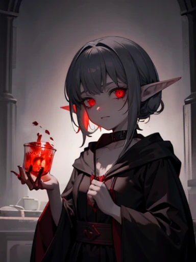gray little bald goblin monster, medieval thief clothing, alone, nighttime, iluminated by a candle, evil grin with sharp teeth, red eyes with no pupils.