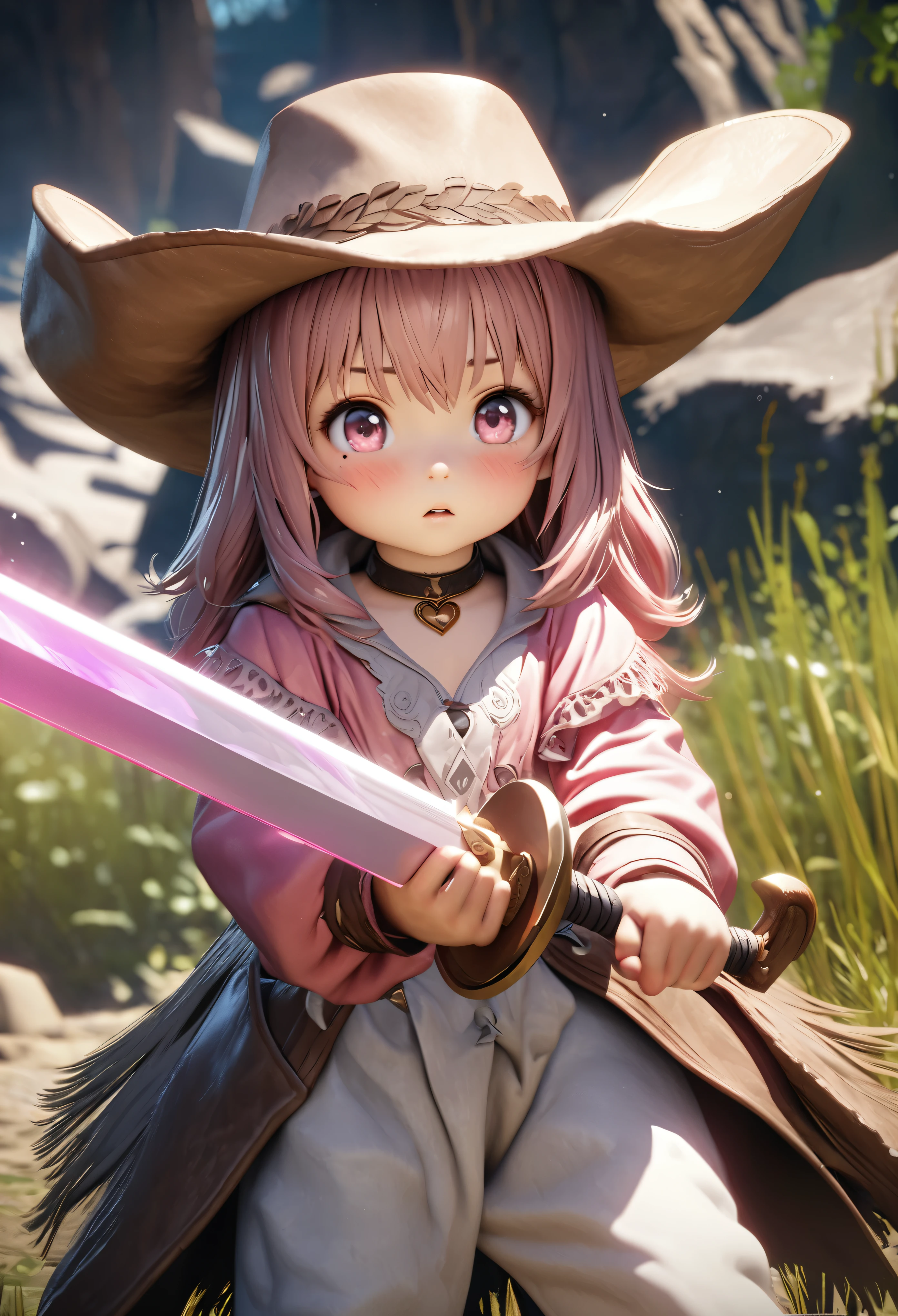 Masterpiece, Best Quality, Super Detailed, High Definition, Expensive Resolution, HDR, 4k, 8K, Unity 8k Wallpaper, Super Detailed CG, Masterpiece, Realistic, 2D, 3D, Beautiful Details, Depth, Fine Texture, Super Fine: 1.3, Complete concentration, crispy skin, him, very cute anime girl, about 3 years old, wearing cowboy style costume, large cowboy hat, baggy cowboy hat, cowboy boots technique Wilderness, duel, long sword, expensive pink One girl, about 3 years old, single, pink semi-long hair, cowboy style, cowboy hat, toy long sword, duel, cowboy boots under the eyes, gaze, expensive, blush, mole, parted lips, Hair ornament, heart, pink eyes, choker